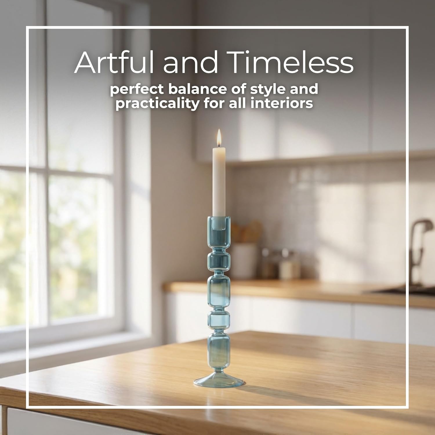 Glass Candle Holder – Taper and Pillar Candle Stand, Tabletop Decor – Living Room Or Dining Table – Minimal Silhouette, Elegant Home Decor, Candle Holder for Modern Spaces – 12", Blue image 4