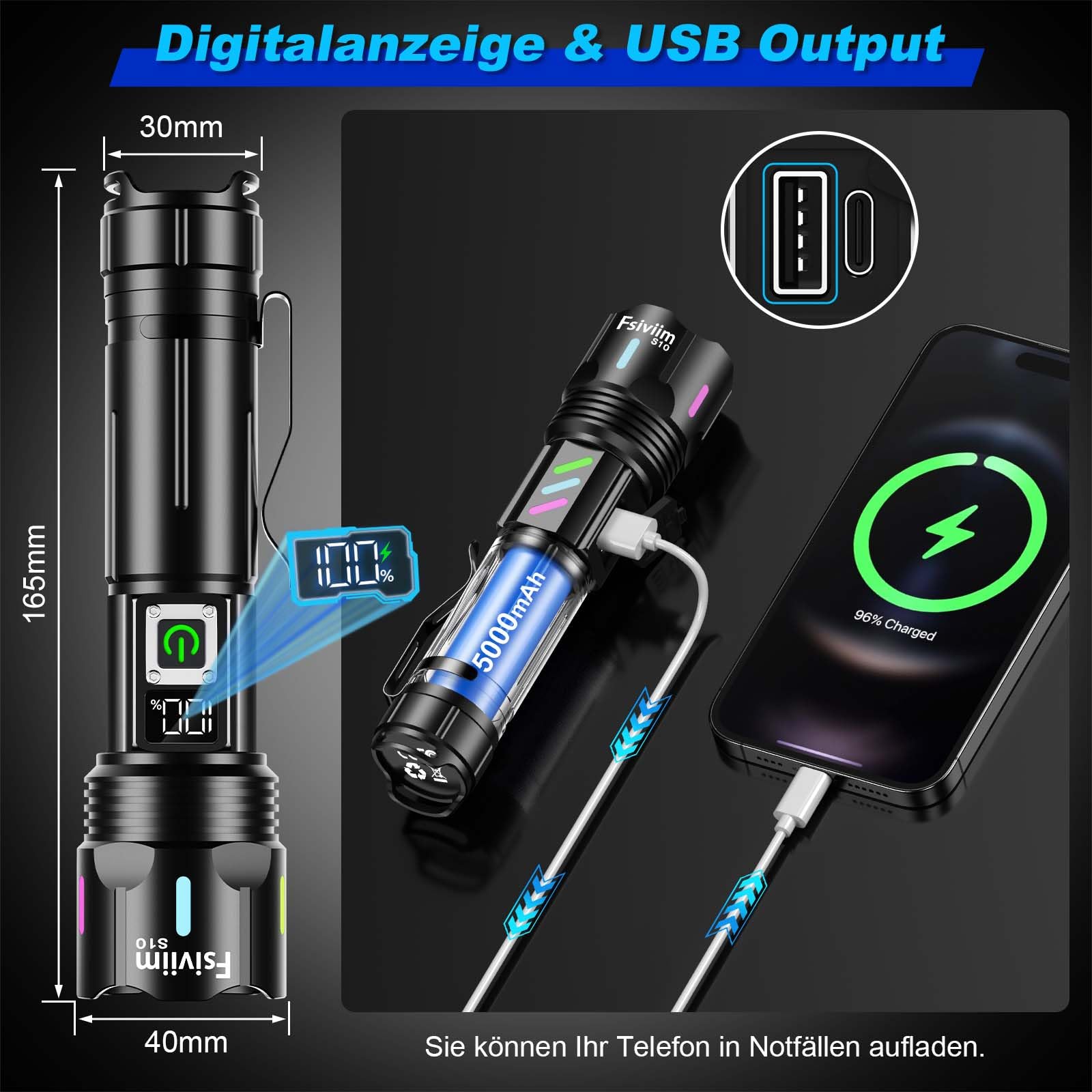 Lampe Torche LED Ultra Puissante, 1,000,000 Lumens Lampe Torche rechargeable, lampe torche puissante, 5 Modes D'éclairage, Zoomable, Pour Camping