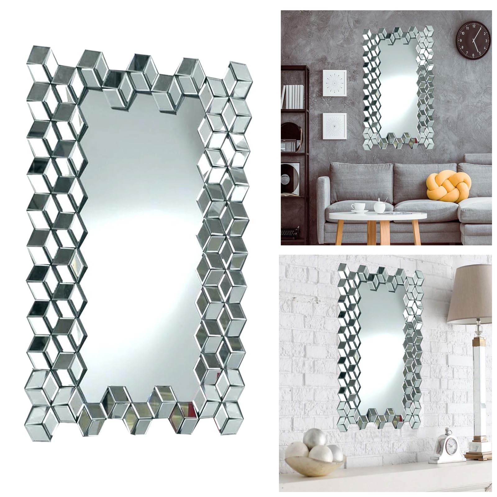 Ara Choice Clear 80X60cm Large Modern Sophisticated Rectangle Glass Wall Mirror Decorative Art Hanging Living Lounge Bathroom Elegant Artistic Look Venetian Beveled Edges Hall Mirror Mount For Home