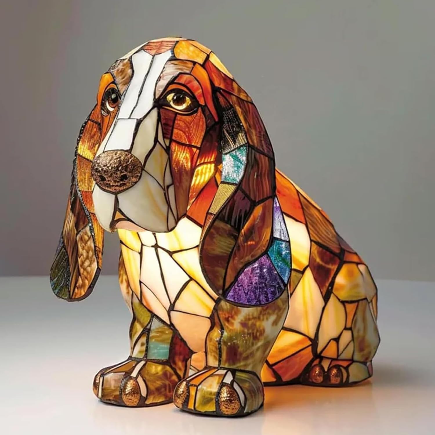 FkYstrix Animal Table Lamp Series Stained Resin Ornaments Night Light with USB Bohemian Furniture Decor Christmas Sculpture Desk Lamp Gift, Basset Hound