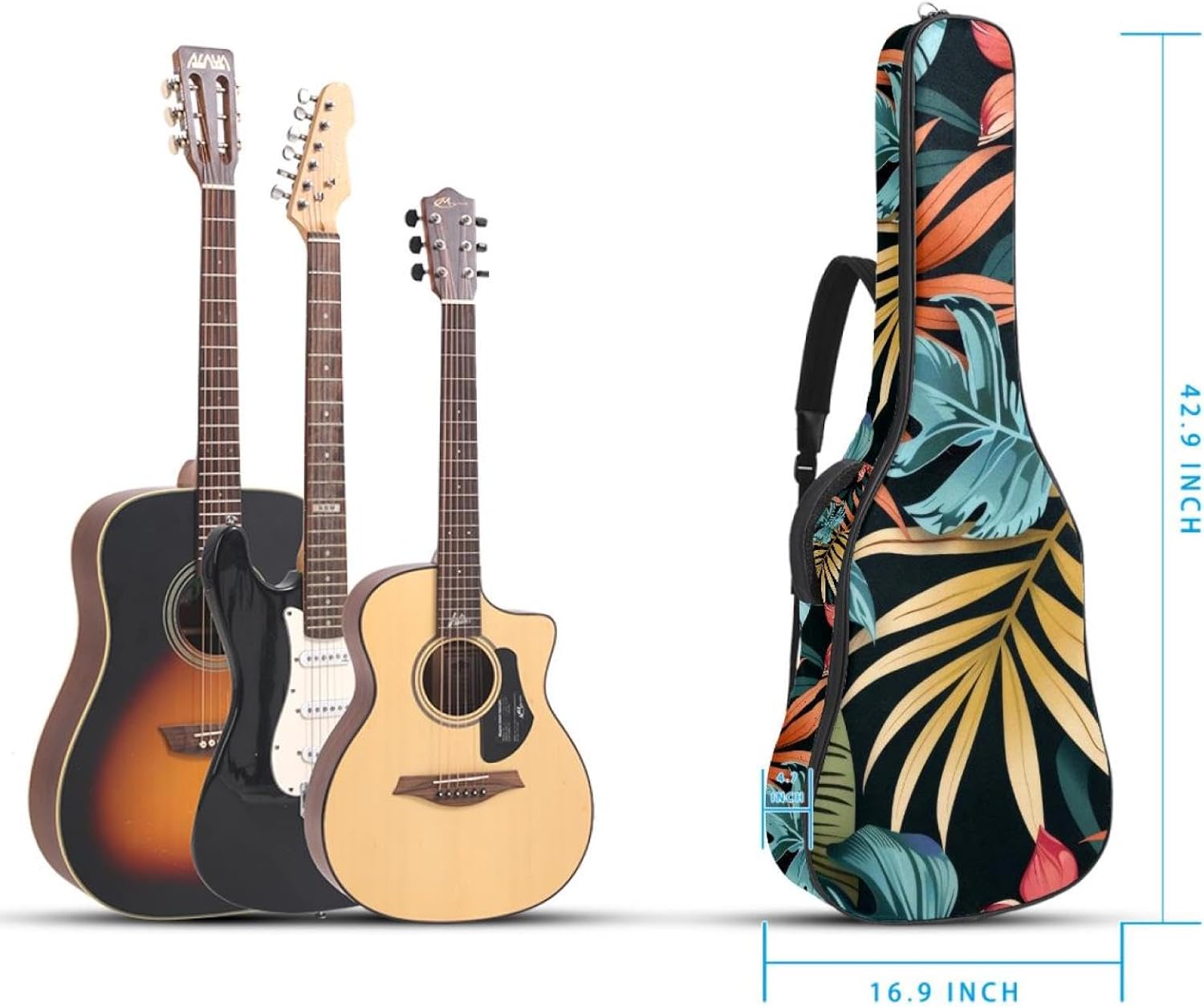 Acoustic Guitar Bag 0.4 Inch Thick Padding Waterproof Guitar Case Gig Bag for 40 41 42 Inch Electric Bass Classical Guitar, Floral Seamless Pattern with Leaves