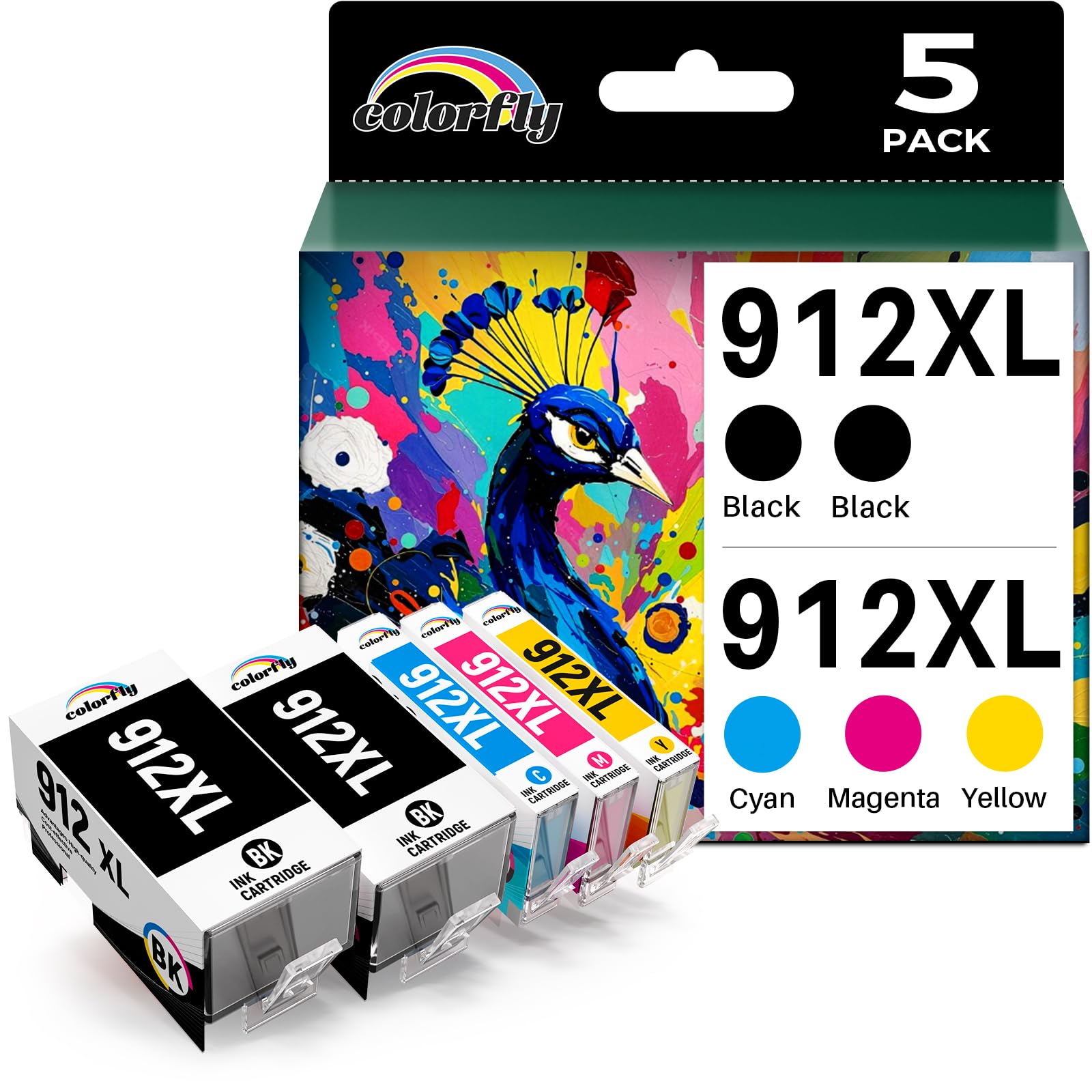 colorfly 912XL Cartucho Compatible para HP 912 XL 912 Cartuchos de Impresora para HP OfficeJet Pro 8022 Cartuchos 8020 8024 8023 8025 OfficeJet 8012 8014 8015,Officejet 8010, 5 Pack
