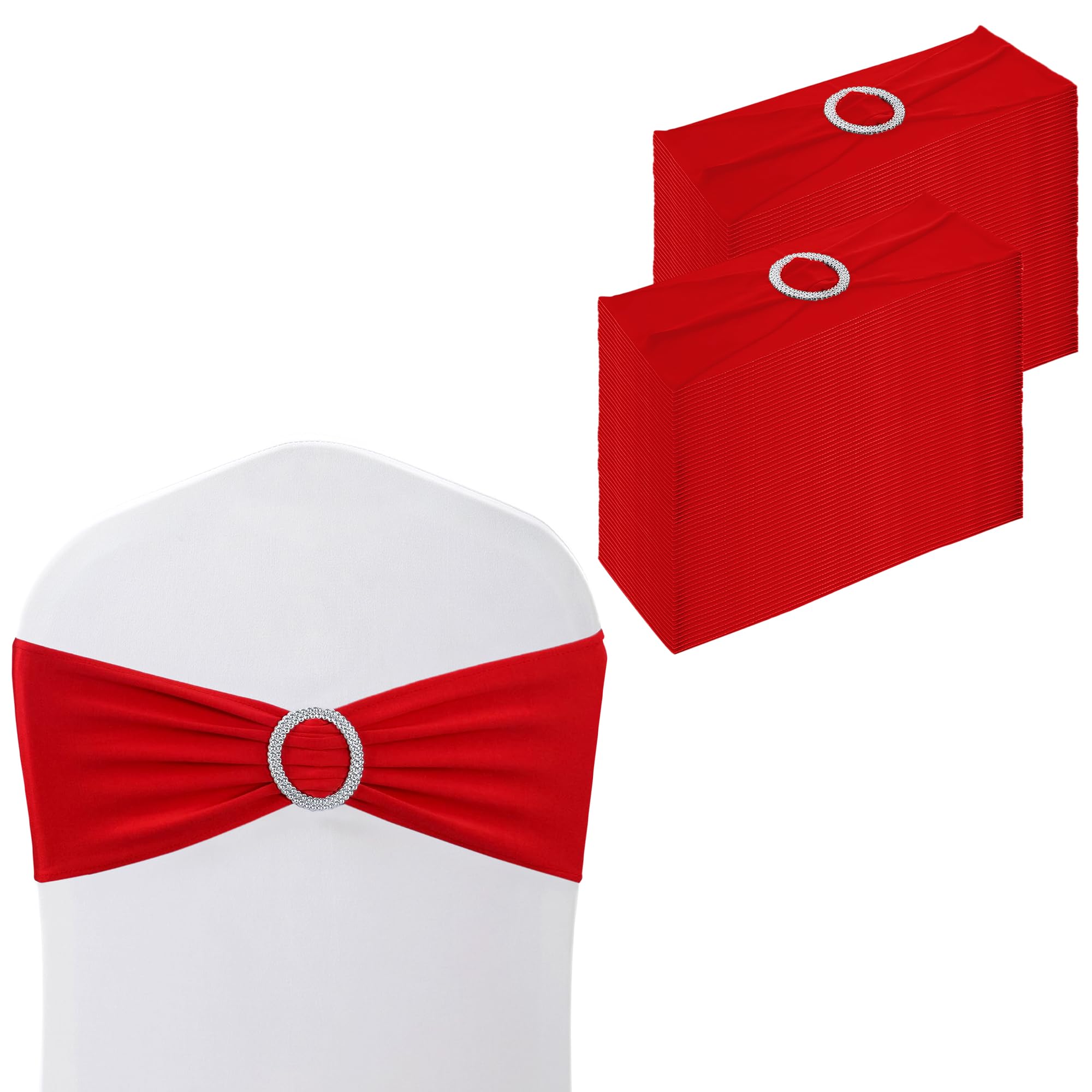 WedDecor Stretch Chair Bands Plain Spandex Band with Slider Buckle for Wedding Party Chair Decoration, Events Supplies, Formal Meeting, Red, 13 x 6 Inches, 100pcs