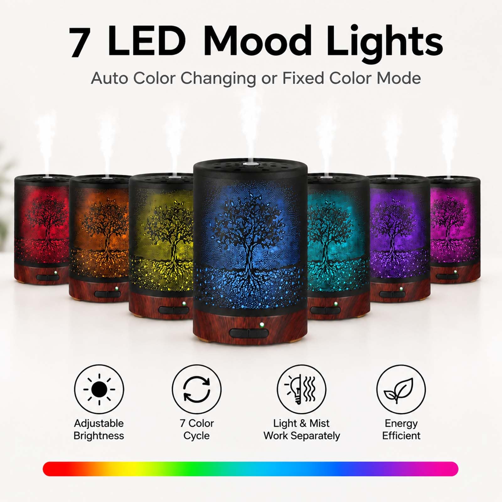 Diffusore di oli essenziali, diffusore per aromaterapia, con luce in 7 colori e spegnimento automatico, umidificatore a nebbia fredda in metallo, per casa e ufficio (albero)