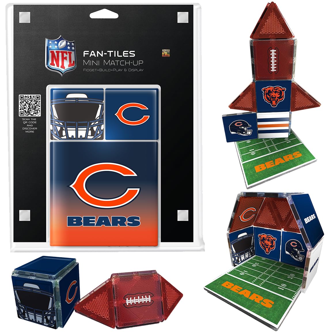 CreateOn Chicago Bears NFL Fan-Tiles Magnetic Match-Up Tiles | 17-Piece Building Set for Kids & Adults | Officially Licensed NFL Team Collectibles |