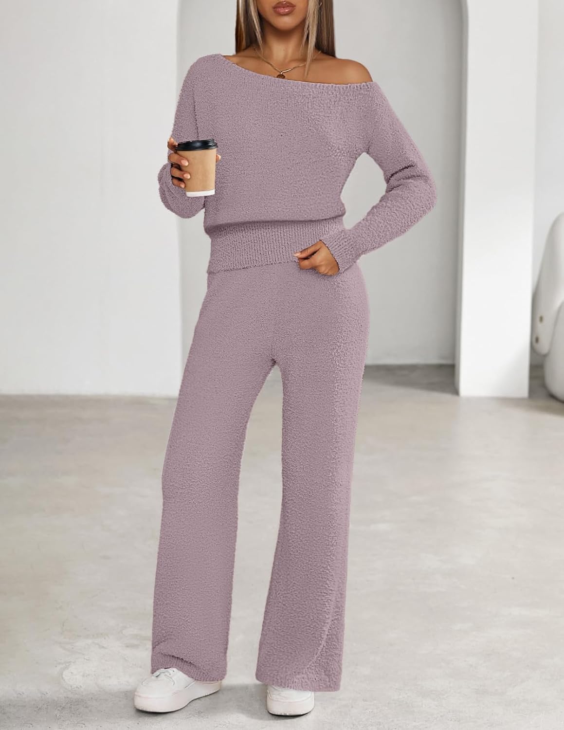 MEROKEETY Women's Fall Pajama Set Fuzzy Fleece 2 Piece Loungewear Off Shoulder Sweater Tops Wide Leg Pants Matching Outfits - Image 2