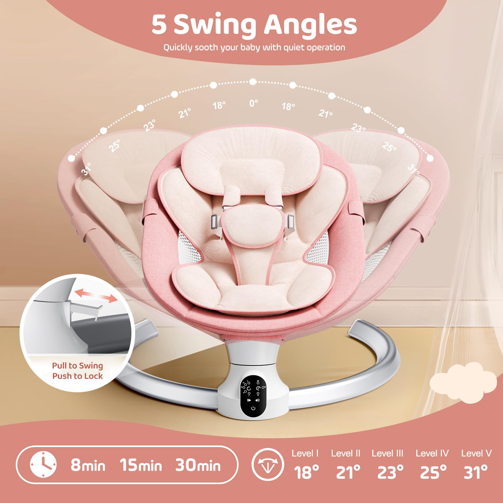 Transat Bebe Electrique,Helangel Transat Balancelle Bebe Electrique avec Télécommande et Wireless Balancelle avec Harnais de sécurité 5 Points pour enfants jusqu’à 9 kg