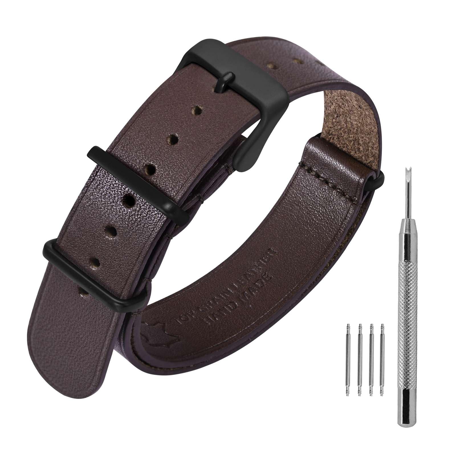 [ANNEFIT] 一本通し時計ベルト 20mm レザー時計バンド 本革 ミリタリー腕時計替えバンド ダークブラウン/ダークブラウンバックル