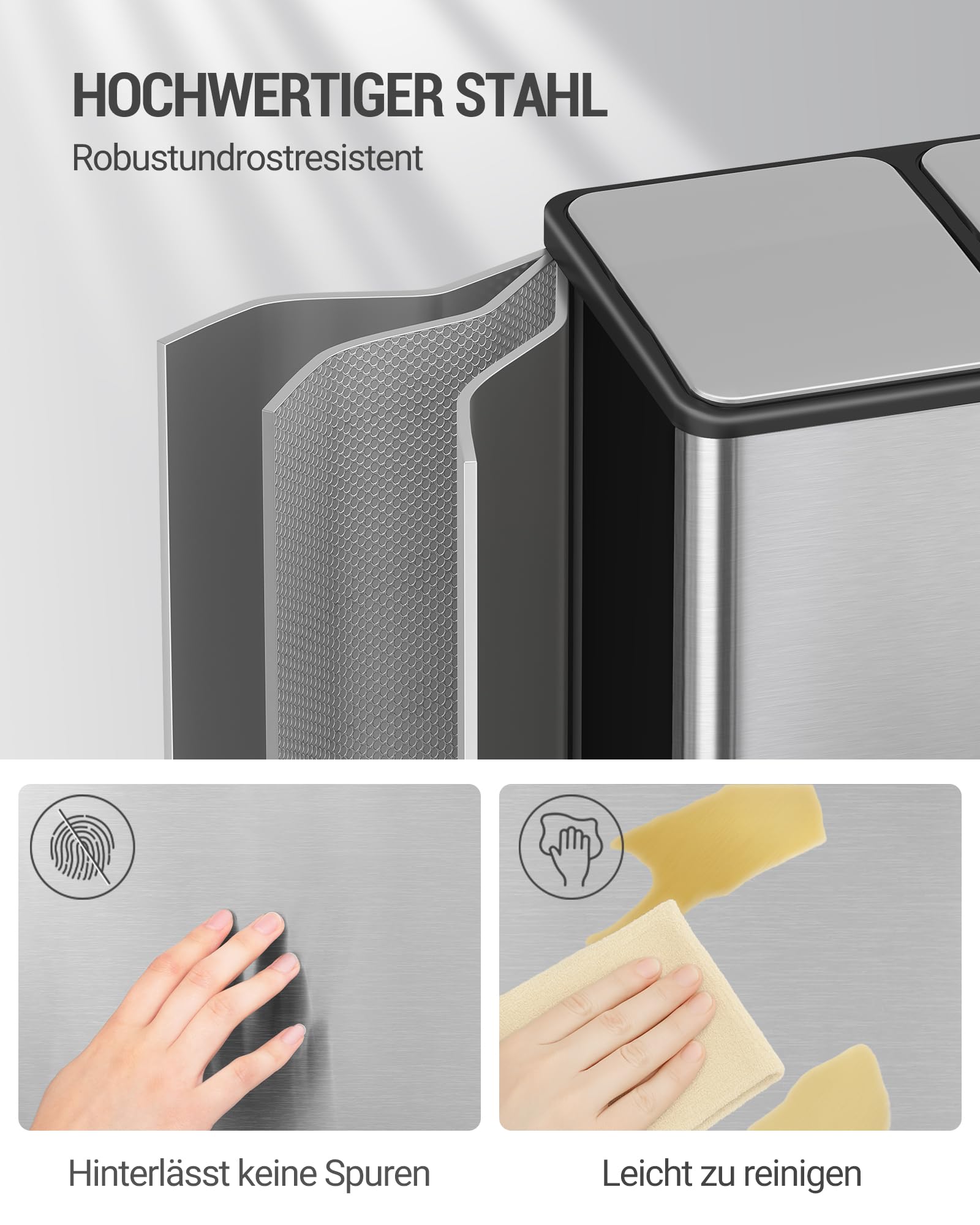 Hzuaneri Mülleimer Küche, 2 x 30 L, Mülltrennsystem 2 Fächer 60 L, Edelstahl-küchenmülleimer, Tretmülleimer, Abfalleimer Ruhiger Langsamer Abstieg, mit 15 Exklusiven Abfallbeuteln, Silber SW06099E
