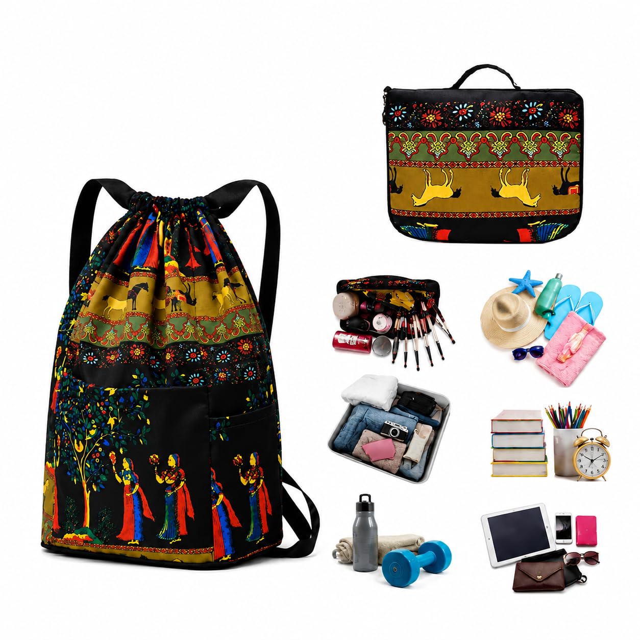 vortexa Foldable Drawstring Backpack with Large Main Compartment, Rajasthani Printed Front Pocket and Side Pockets Travel Bag with Built-In Zip Pouch for Gym, Swimming, College, Beach, Sports and Outings-picture-32