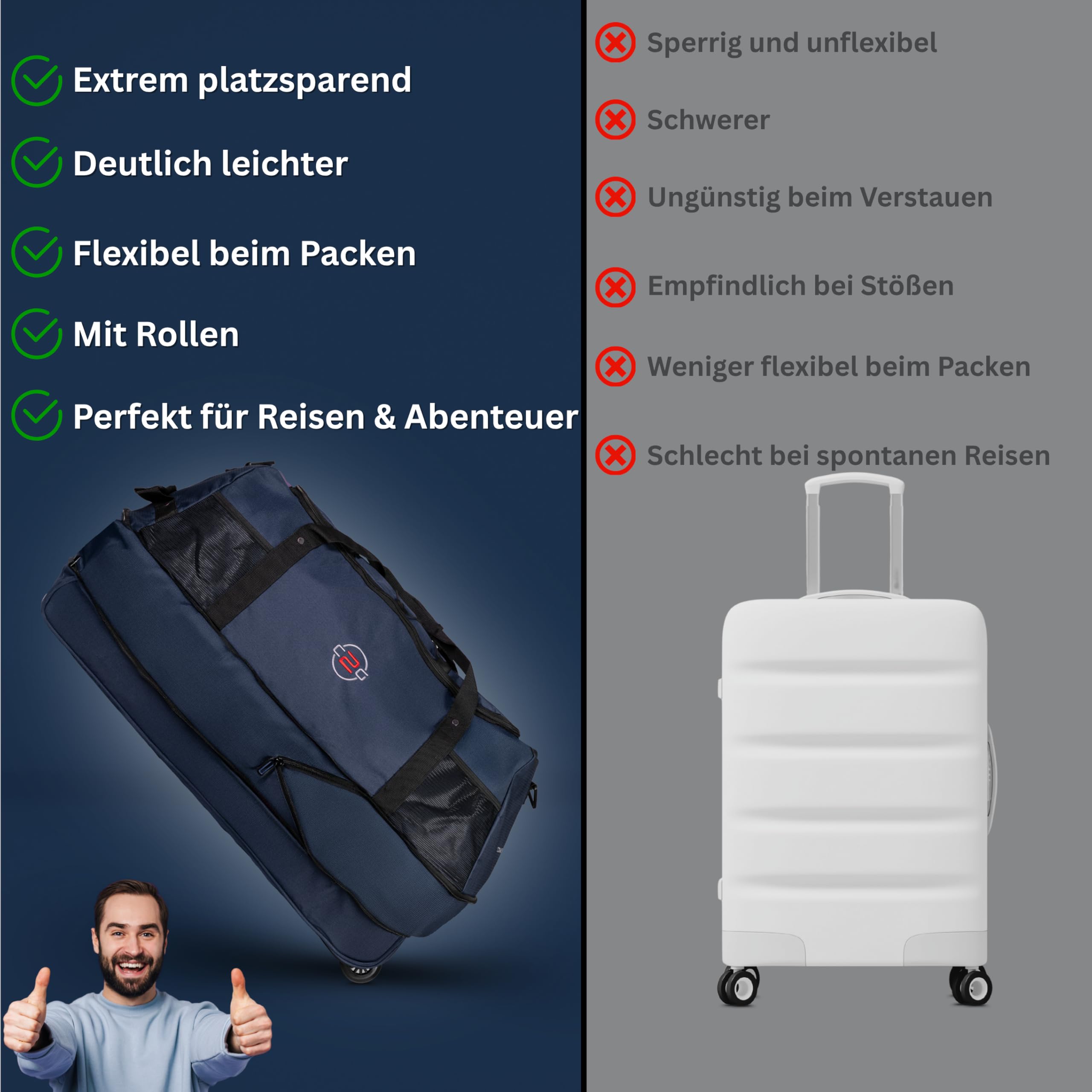 Große Reisetasche mit Rollen 120 L – Faltbare Rolltasche & Sporttasche XXL – leicht, robust & platzsparend – ideale Reisetasche zum Ziehen für Urlaub, Sport & Training (Navy)