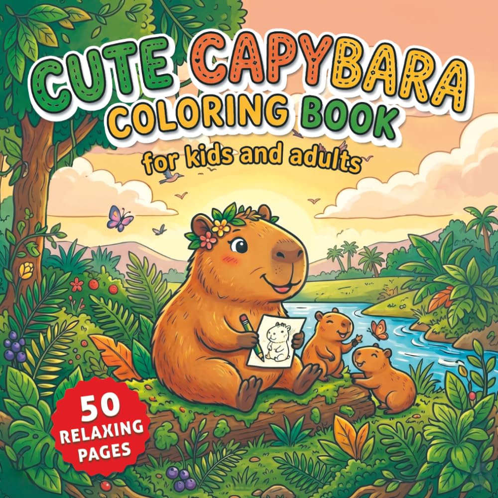 Cute Capybara Coloring Book: 50 Relaxing and Adorable Coloring Pages Featuring Cute Capybaras in Fun Adventures, Beach Days, Camping Trips, Reading Time, Space Explorations, and Cozy Animal Scenes