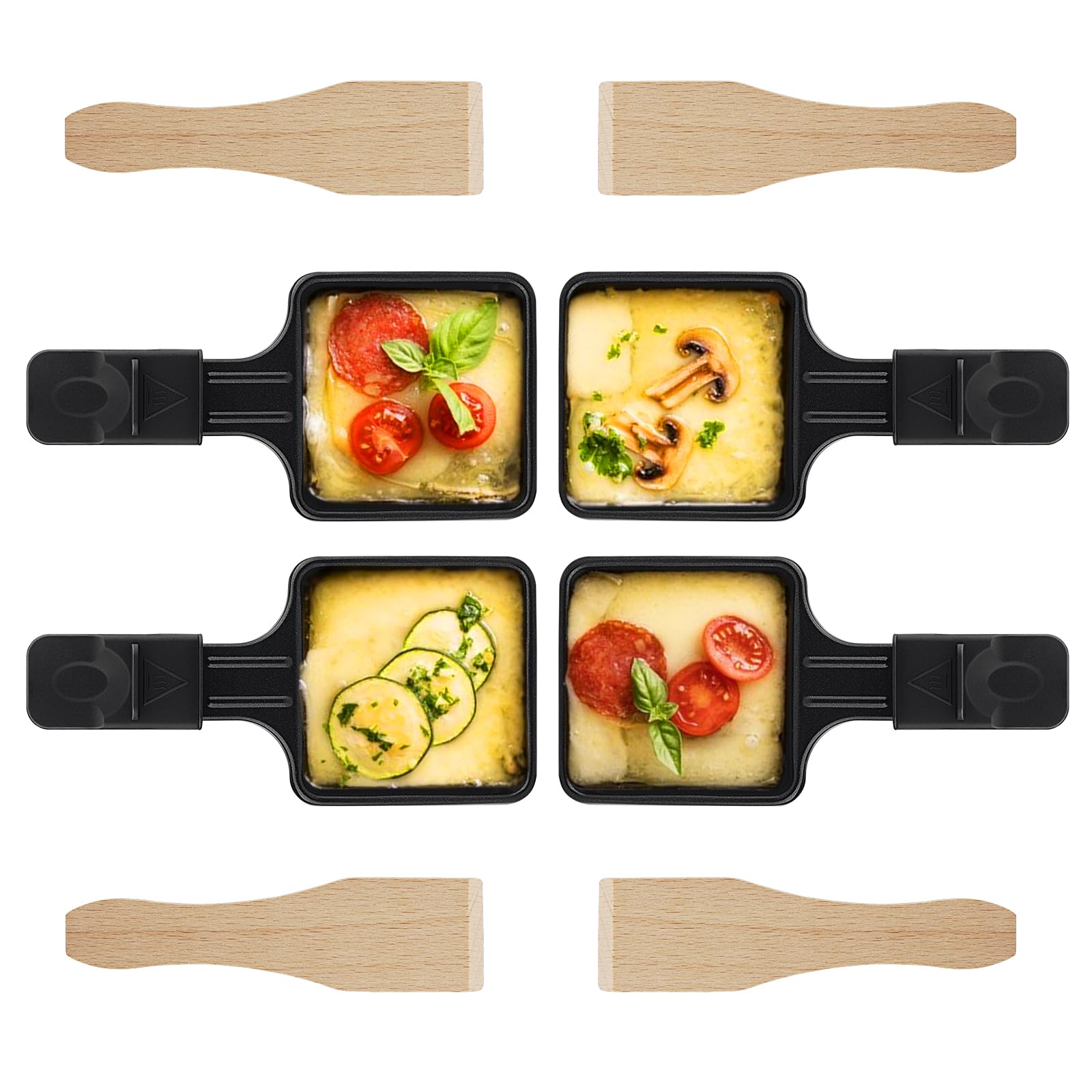 Juego de 4 sartenes para raclette, Sartenes de repuesto para raclette grill, con recubrimiento antiadherente y 4 raspadores de madera para asar queso, huevos