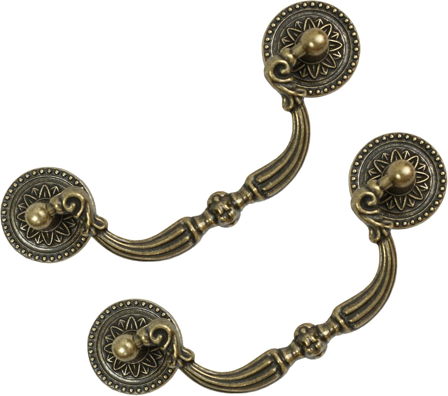 6 Pack Antique Brass Drawer Pulls, 4-3/4 Inch Hole Centers | Vintage floral design with decorative backplates for dressers, cabinets, wardrobes, and furniture restoration