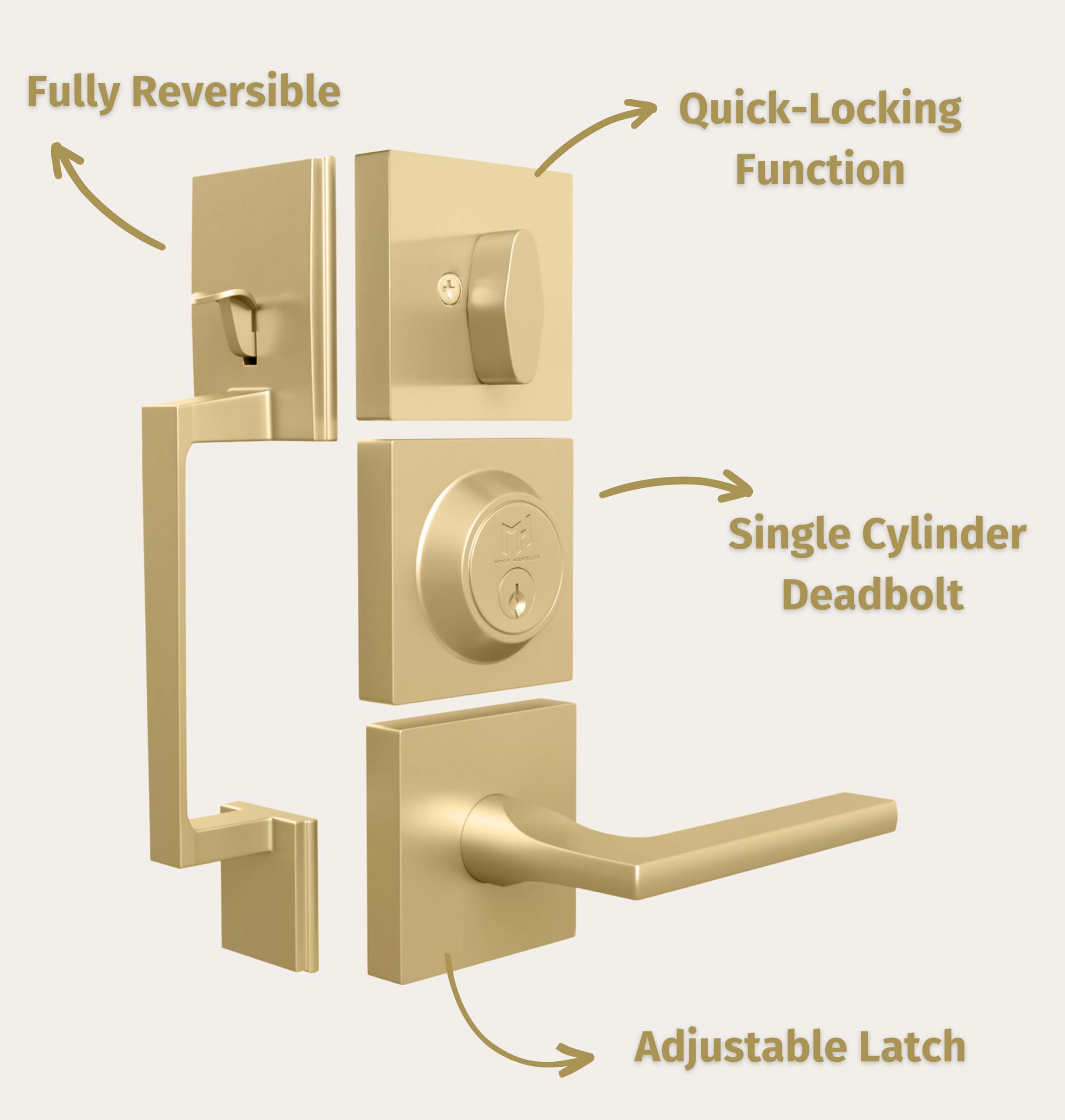 Mega Handles Gold Entry Door Handleset - Single Cylinder Handleset with Lever for Entrance and Front Doors - Modern Door Handles with Design for Left and Right-Handed Doors - Straight Handle