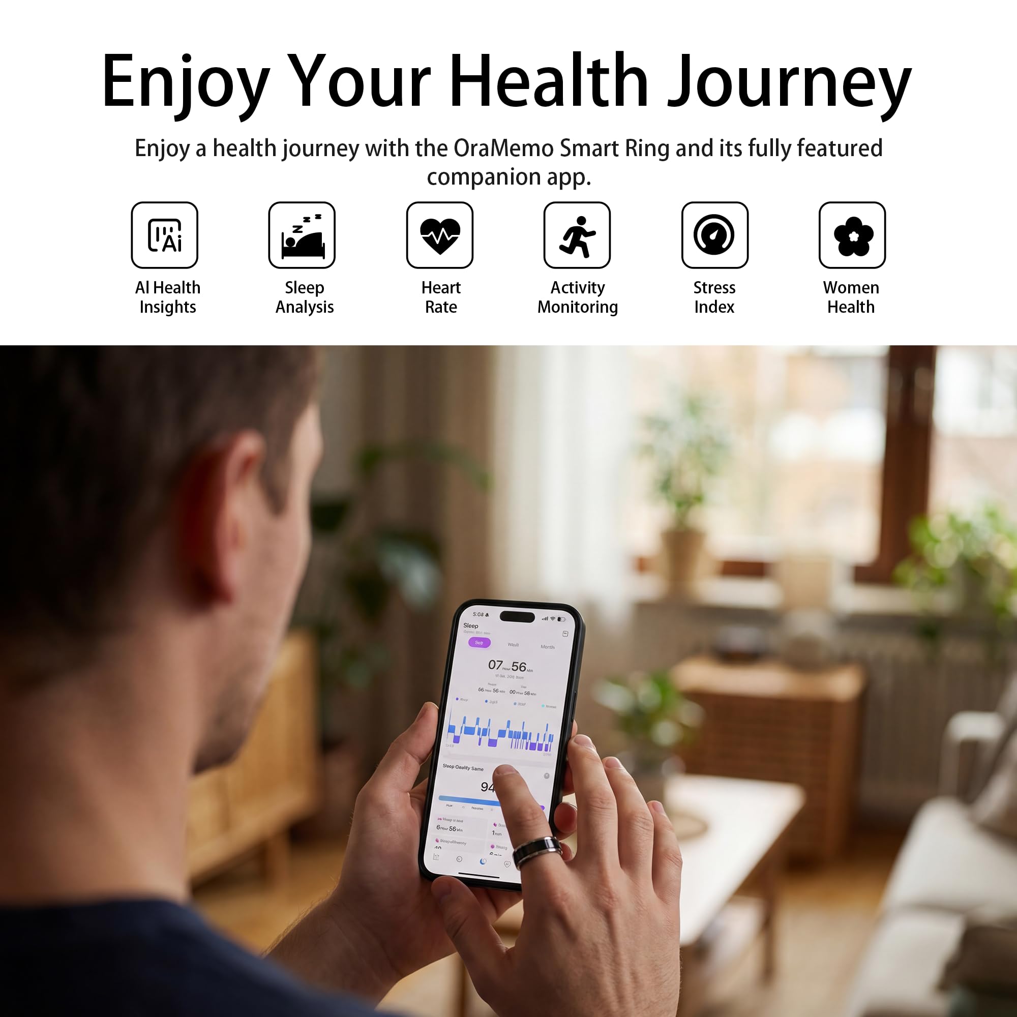 Smart Ring 1.0 pour homme/femme, pas de frais d'abonnement, autonomie de 7 à 8 jours, HRV/surveillance du stress/suivi du sommeil/fitness pour iOS et Android (noir brillant, 6)