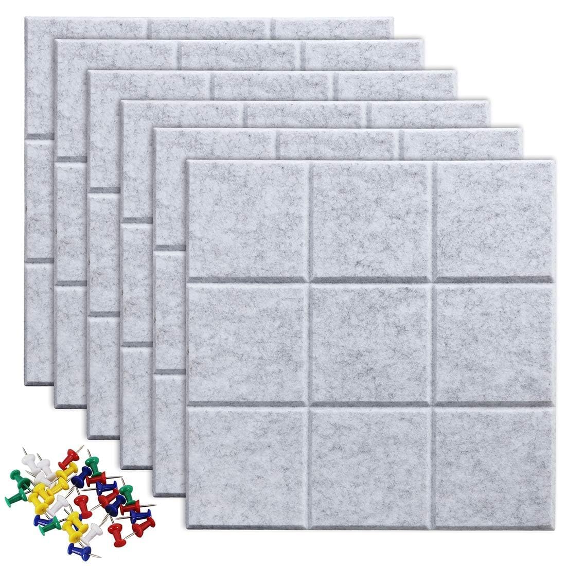 Large Felt Board Tiles for Wall with 30 Push Pins, 11.8"x11.8" Pack of 6 Pin Board Notice Boards for Home Office Kitchen, Bulletin Board Wall Tiles for Photos Memos