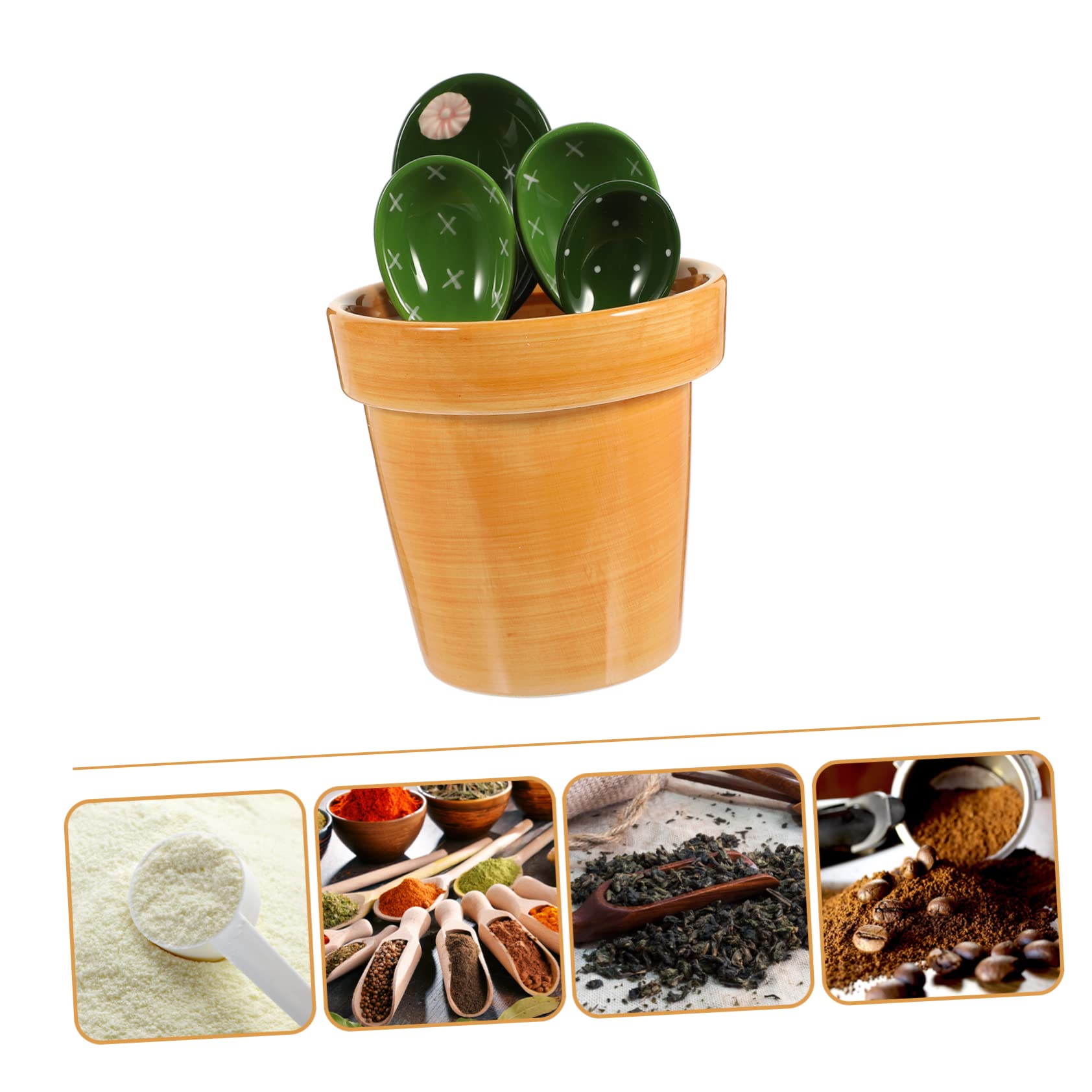 Zerodeko Cucharas Medidoras De Cerámica Diseño Cactus, Set 5 Piezas Base Graduada, Accesorio De Cocina Para Medir Ingredientes Secos y Húmedos Horneado, Práctico y Decorativo