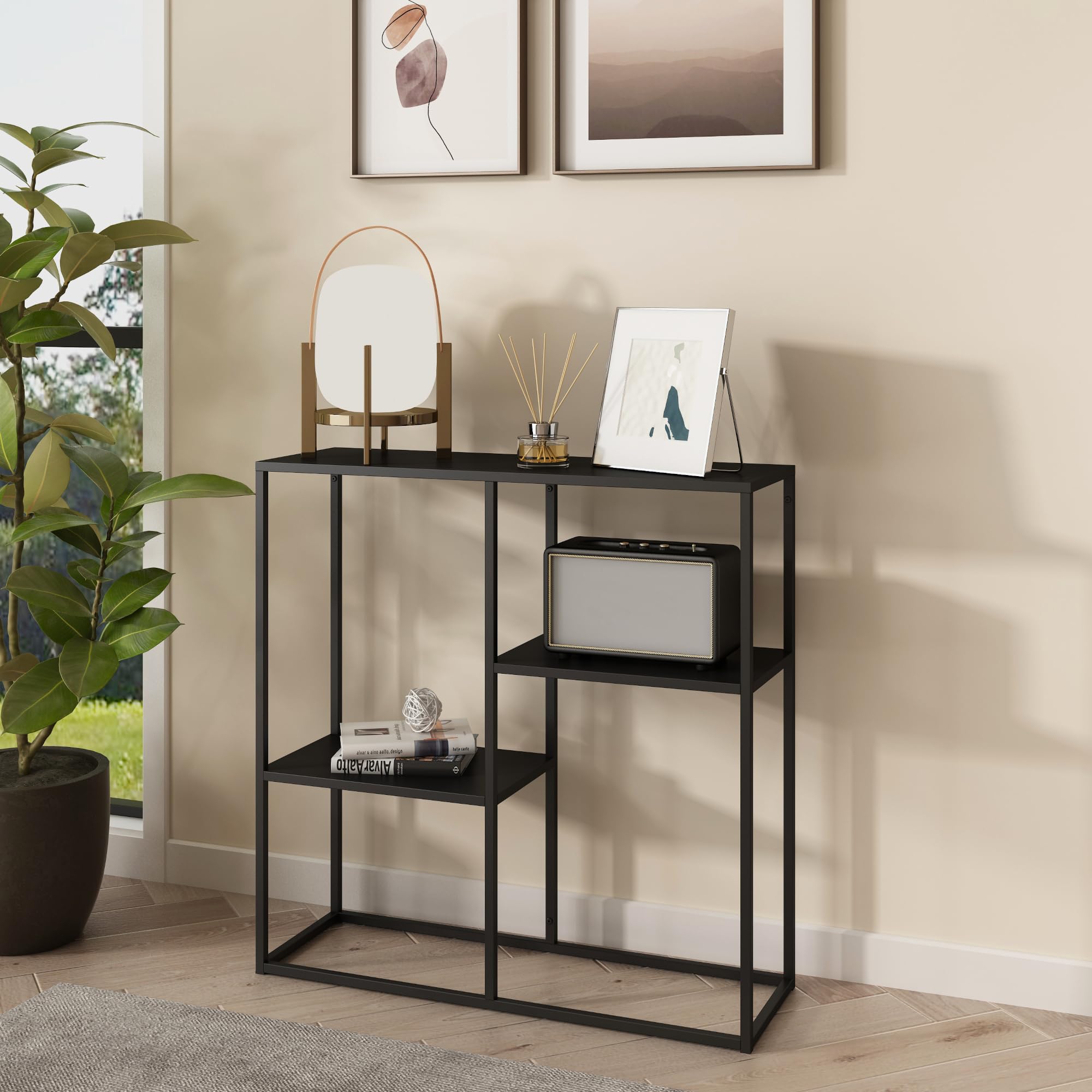 [en.casa] Table Console Strömstad avec 3 Surfaces de Rangement Table d'Entrée Étagère Autoportante Design Industriel Élégant Stable pour Salon Couloir Chambre Acier 80 x 80 x 26 cm Noir Mat