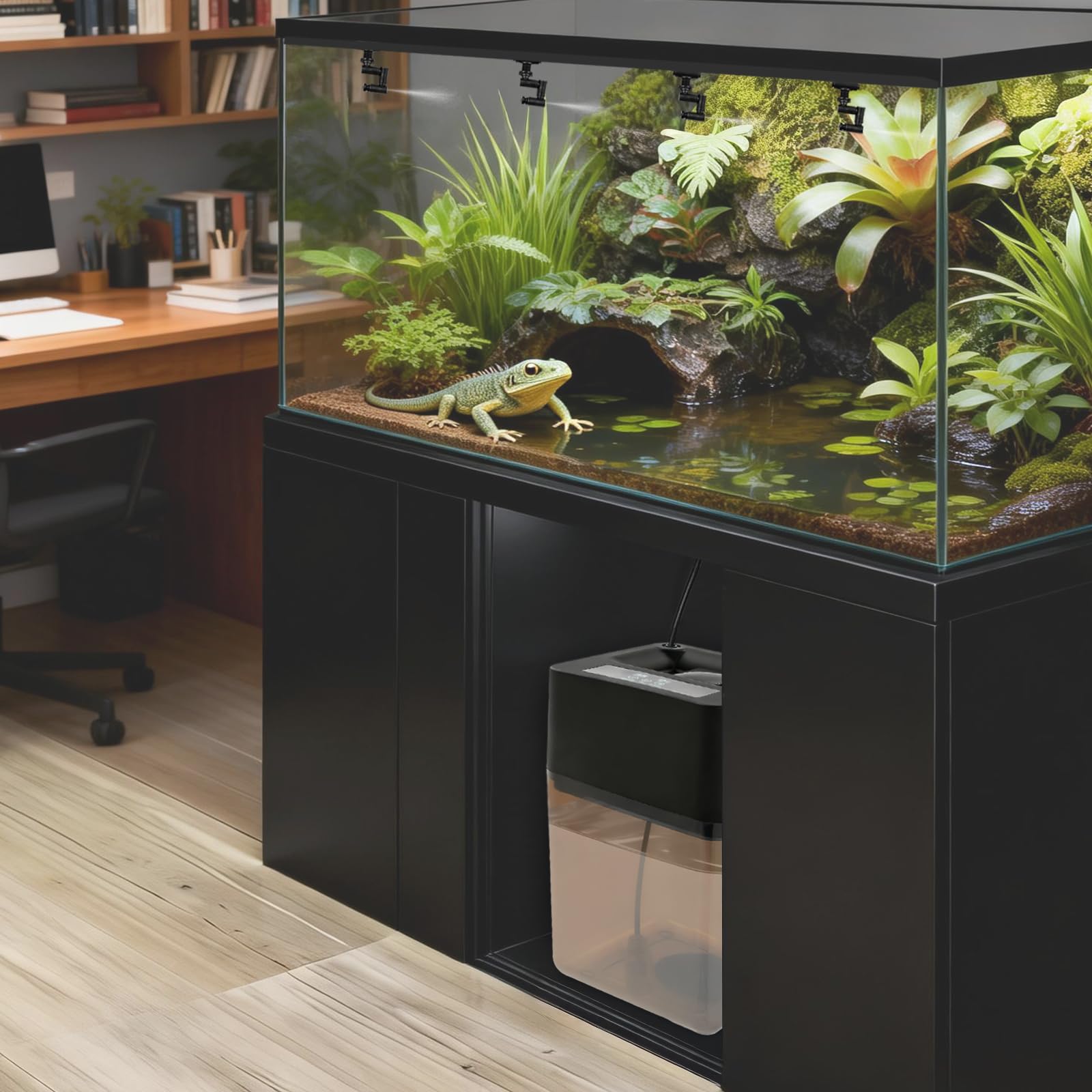 Beregnungsanlage Terrarium Luftbefeuchter Sprühapparat, mit Vier 360° drehende Düsen und 12L Wasserspeicher, Sprühdauer von 5-60s und Stoppdauer von 1-24h und Bietet Drei Modi, für Reptilienbecken