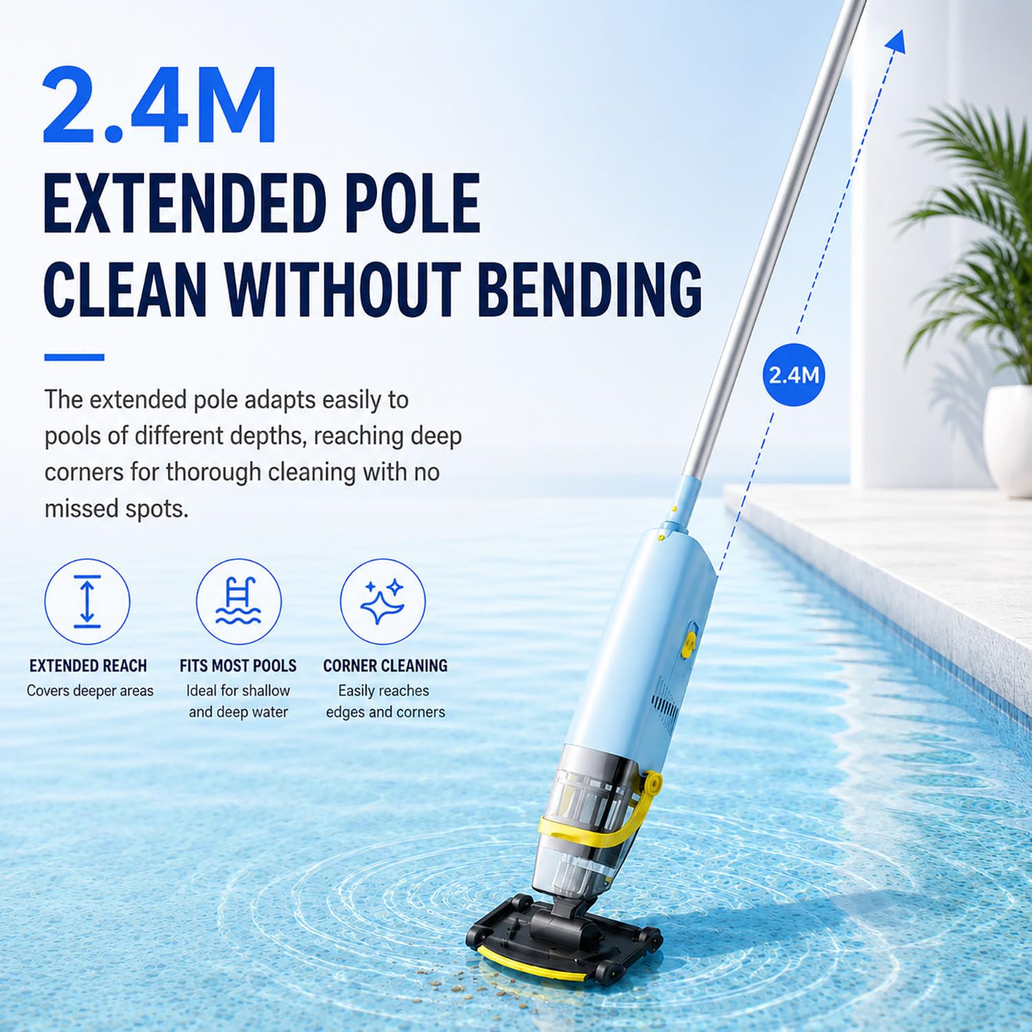 Limpiador piscina inalámbrico 36800 Pa, pértiga telescópica 2,4 m 2.5AH | Limpiador con doble filtro y funcionamiento a batería, llega a todos los rincones de la piscina sin agacharse