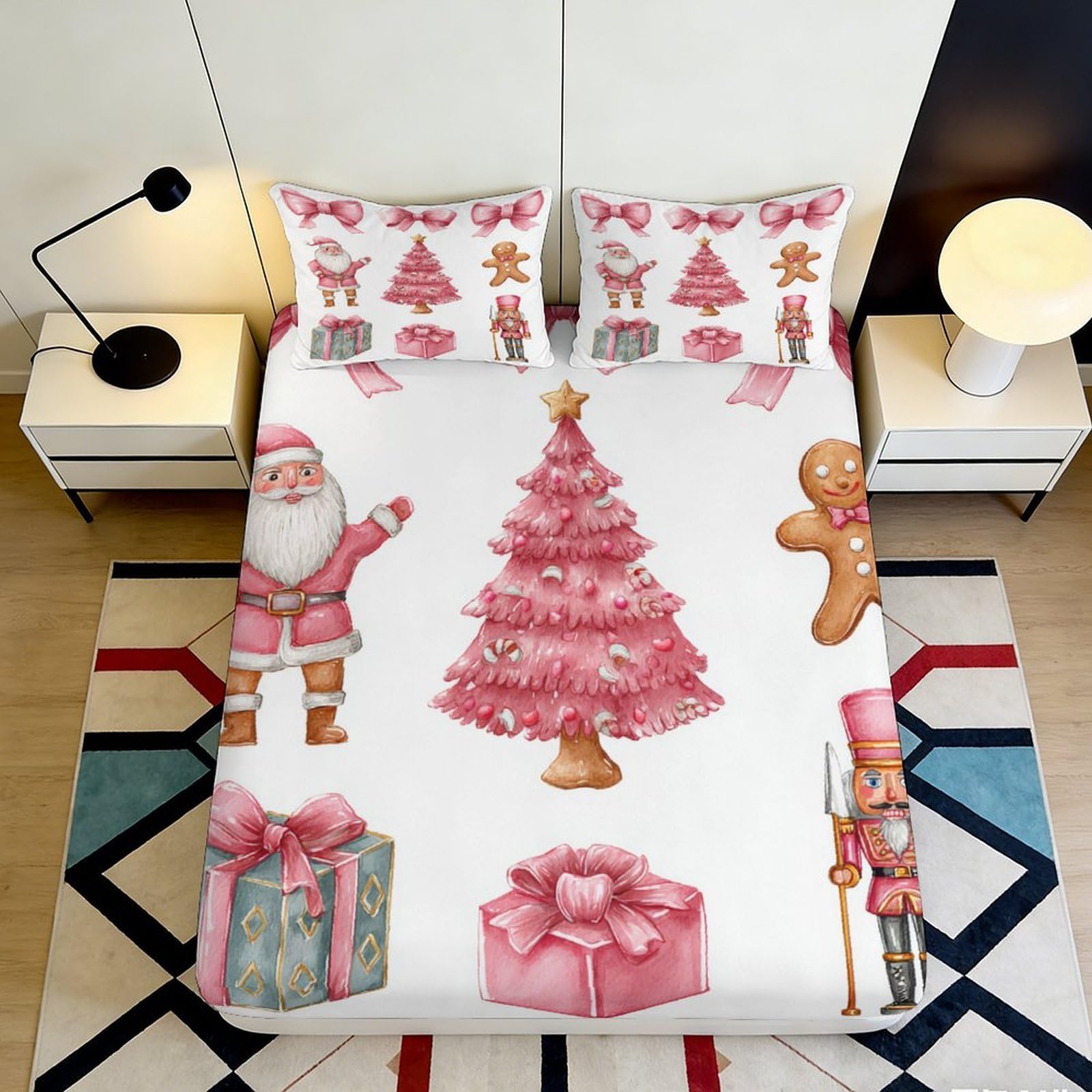3D Printed Christmas Style Fitted Sheet Microfiber Deep Pocket Non-Slip Xmas Tree Mattress Fitted Cover Full Wrap Bedding 180x200x25cm
