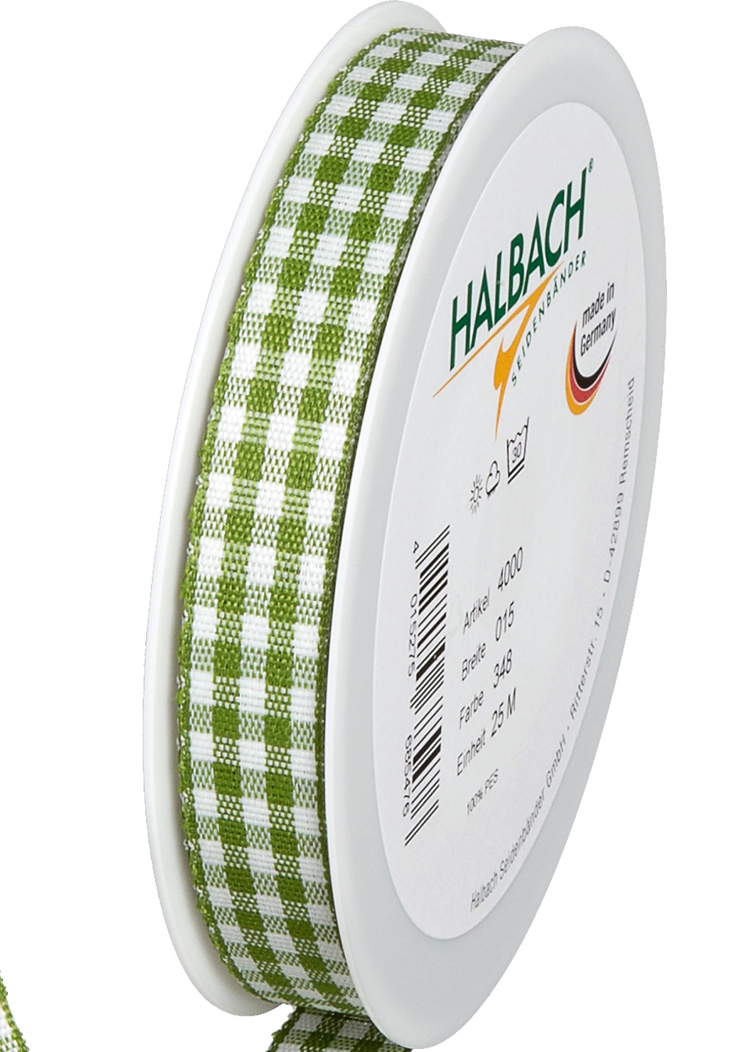 Halbach Seidenbänder Premium Vichy Checked Gift Ribbon (Moss Green) Width 15 mm Length 25 m Checked Ribbon Made in Germany Checked Ribbon in Many Colours