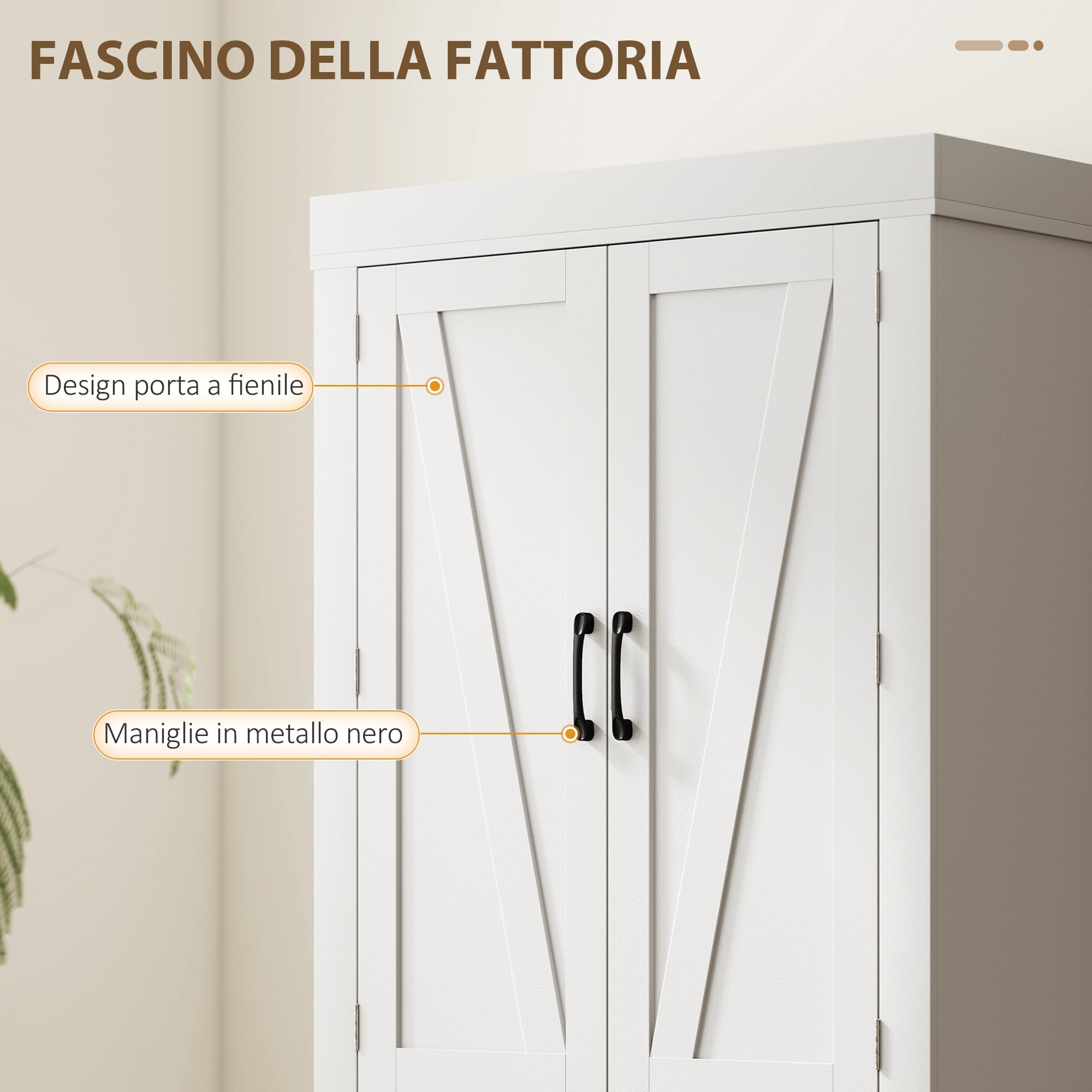 HOMCOM Credenza Cucina Alta 183.5 cm con 6 Portaspezie sulla Porta Bianco | 4 Ante a Fienile e Cassetto, Mobile Dispensa Rustico, Ripiani Regolabili, per Sala da Pranzo, Soggiorno