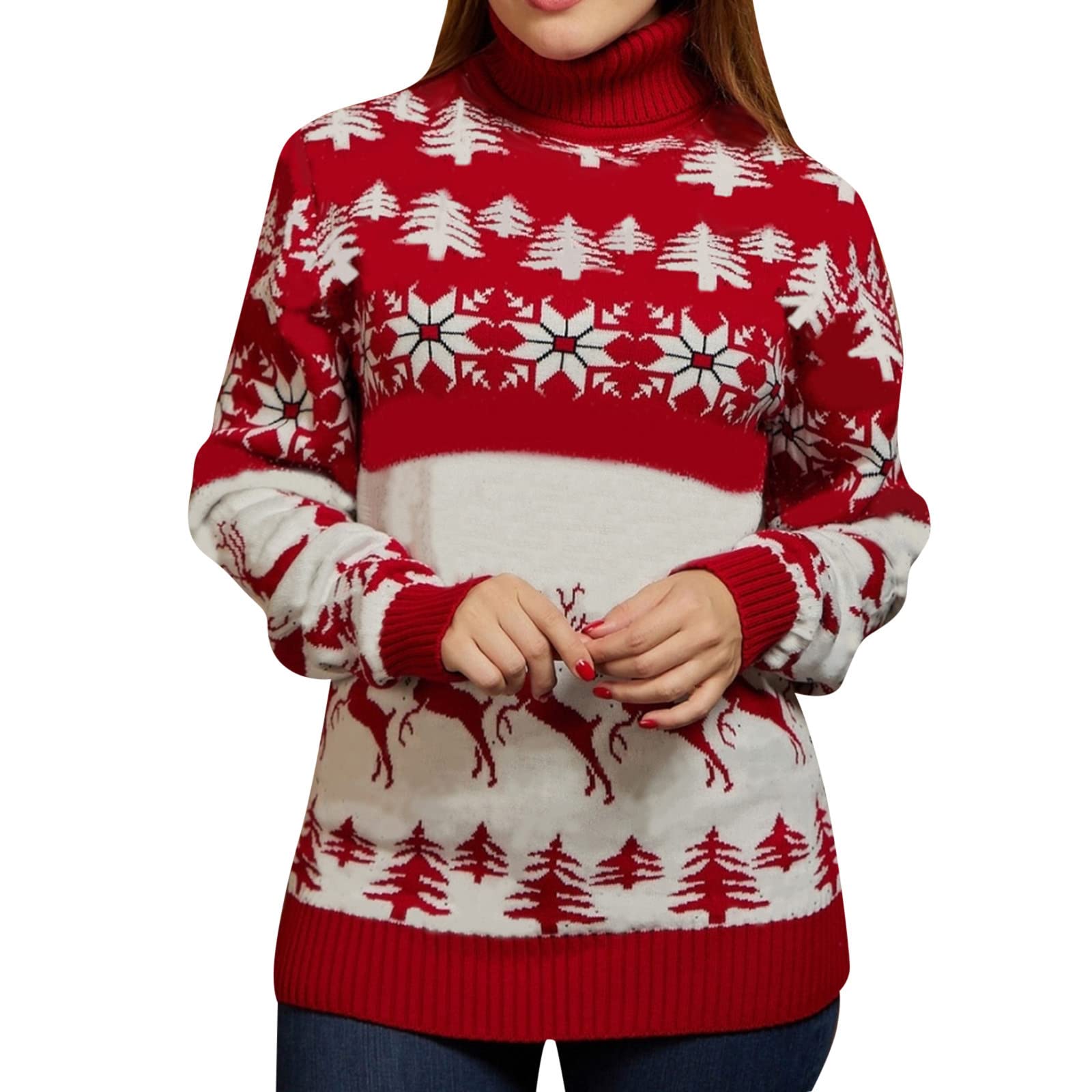 Weihnachtskleid Damen Langarm - Lustiges Weihnachtspulloverkleid Mit Kapuze & Festmotiven