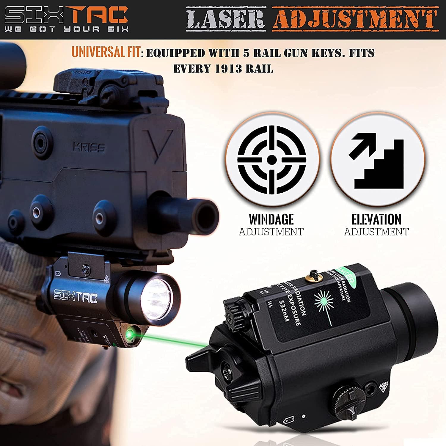 SIX TAC 1000 Lumens Tactical Gun Light Flashlight with Strobe and Laser - Water-Resistant Weapons Torch, Adjustable Green Laser, Fast Latch onto Most Pistols (Black Band), 6T-101-02 : Sports & Outdoors