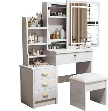 Makeup Vanity with Mirror and Lights,Modern Bedroom Makeup Table Set with Upholstered Stool,Vanity Desk with 4 Drawers & Shelves,3 Color Lighting Brightness Adjustable,White (4 Drawers-1)