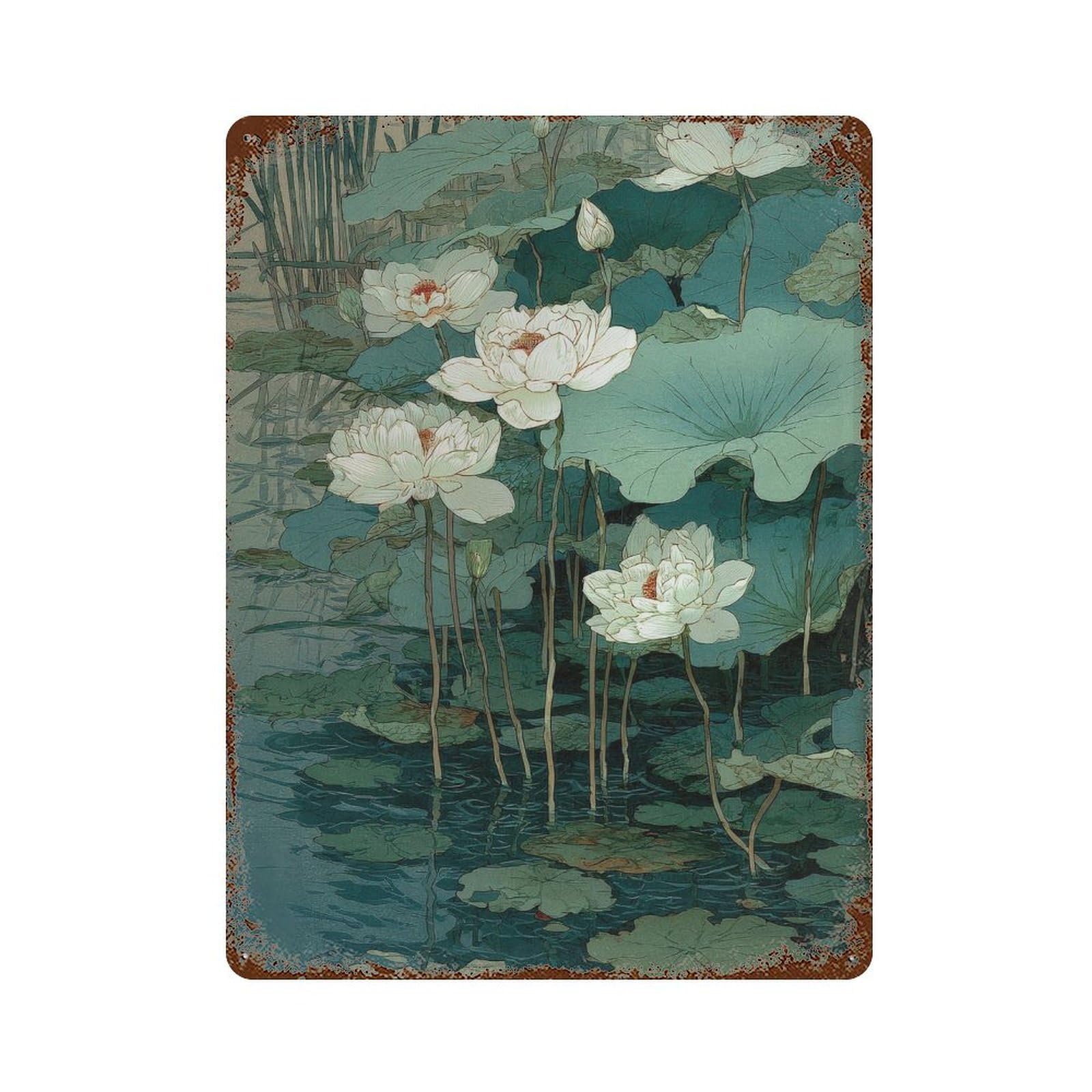 xiaoxiaoshen Lotus Flowers. Traditional Asian Botanical Nature Wall Decor Art Metal Tin Poster Modern Home Decor Art Home Bar Shop Decorations Vintage Sign 40x30cm