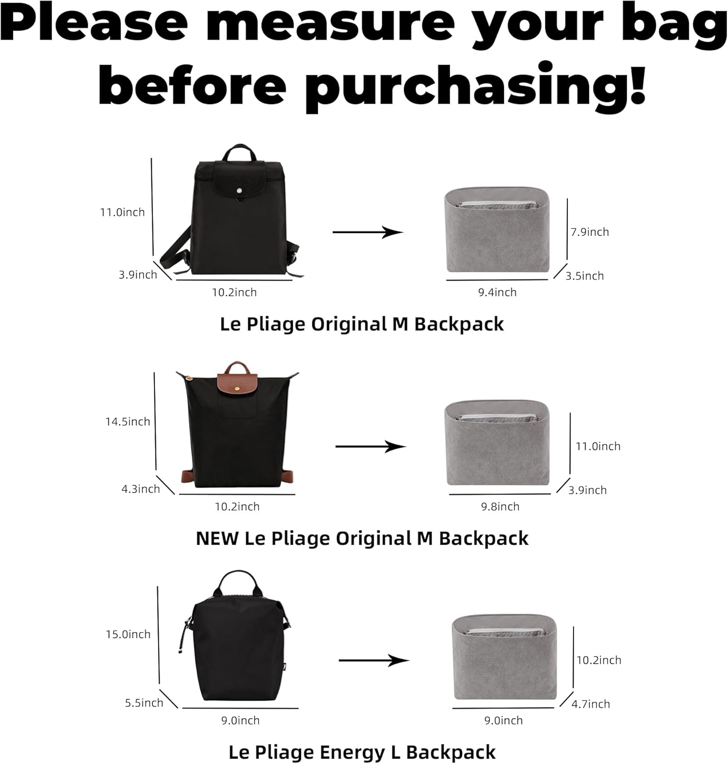 DGAZ Lightweight-Purse Organizer Insert for Longchamp Le Pliage Backpack Bag,silk and DupontPaper handbag inner for Luxury Bags(Le Pliage Original M Backpack,Gris Mouette) - Image 2