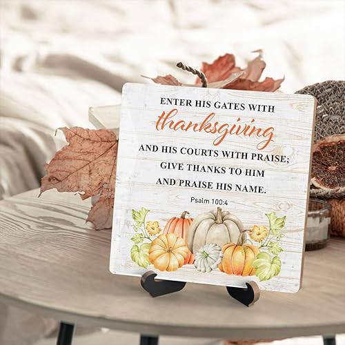 Miniatura 5 de Letrero de escritorio con cita de otoño, con texto en inglés "Enter His Gates With Thanksgiving Wooden Plate Sign with Thanksgiving con soporte,