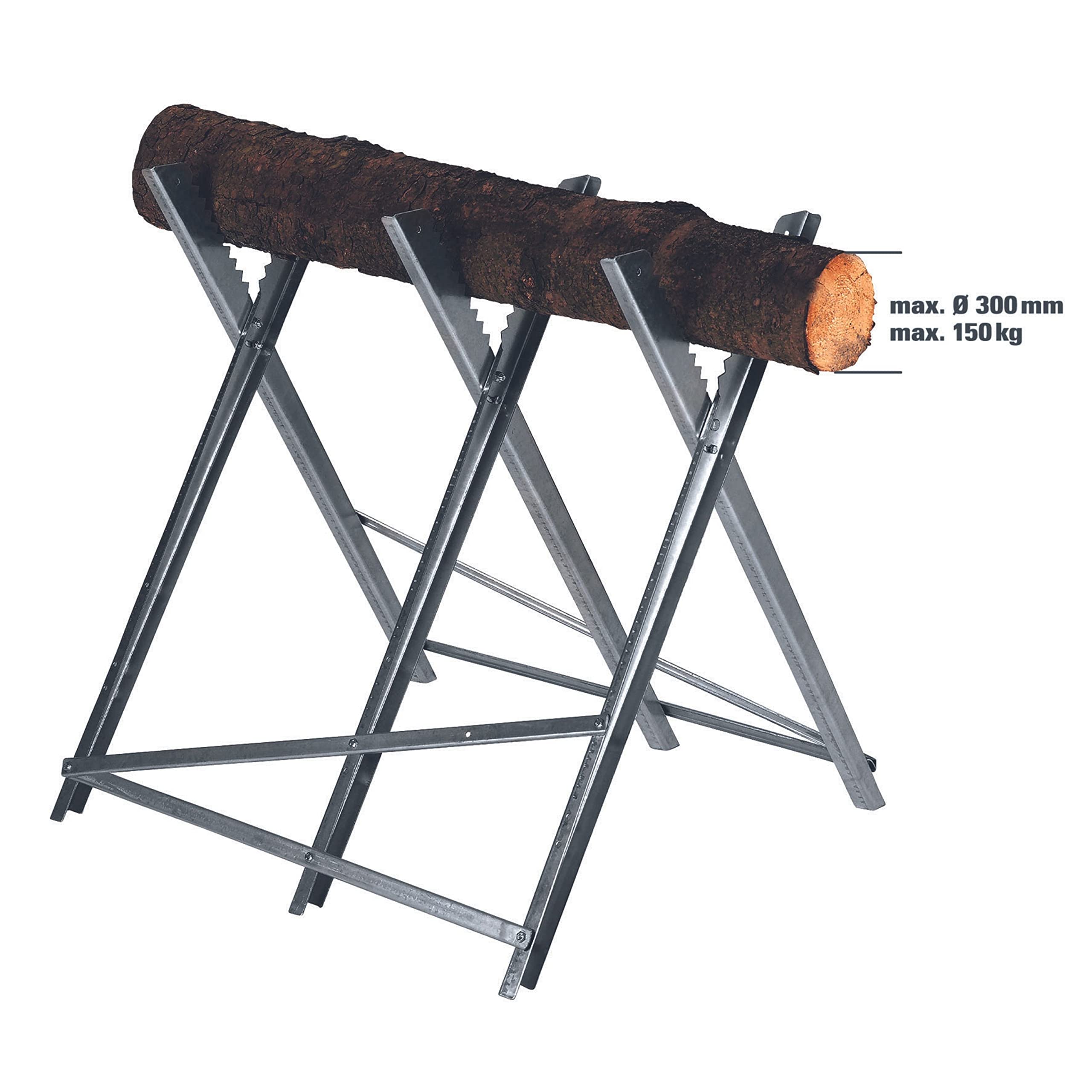 Originele Einhell-kettingzaagstandaard (max. 150 kg, verzinkte metalen hoekprofielen, extra dwarsbalken, tanden voorkomen verdraaiing van het hout, 3 werkhoogtes, inklapbaar), ZILVER