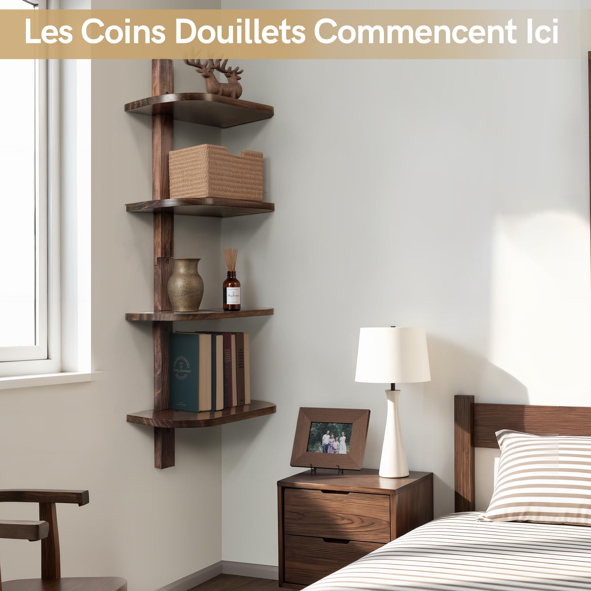 Afuly Étagère Murale Verticale 4 Niveaux en Bois Marron, Gain de Place | Bois massif, angles arrondis, rangement vertical pour plantes, livres et déco, salle de bain, cuisine et salon