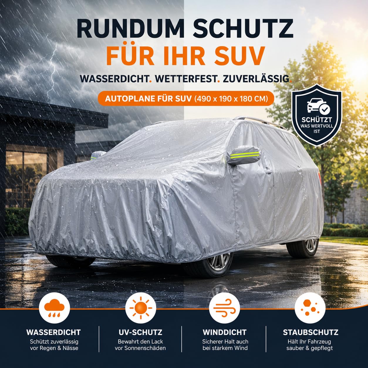 Housse de protection étanche pour SUV pour la protection et la couverture de voiture, véhicule : bâche de voiture en taille unique (1 x SUV (490 x 190 x 180 cm)