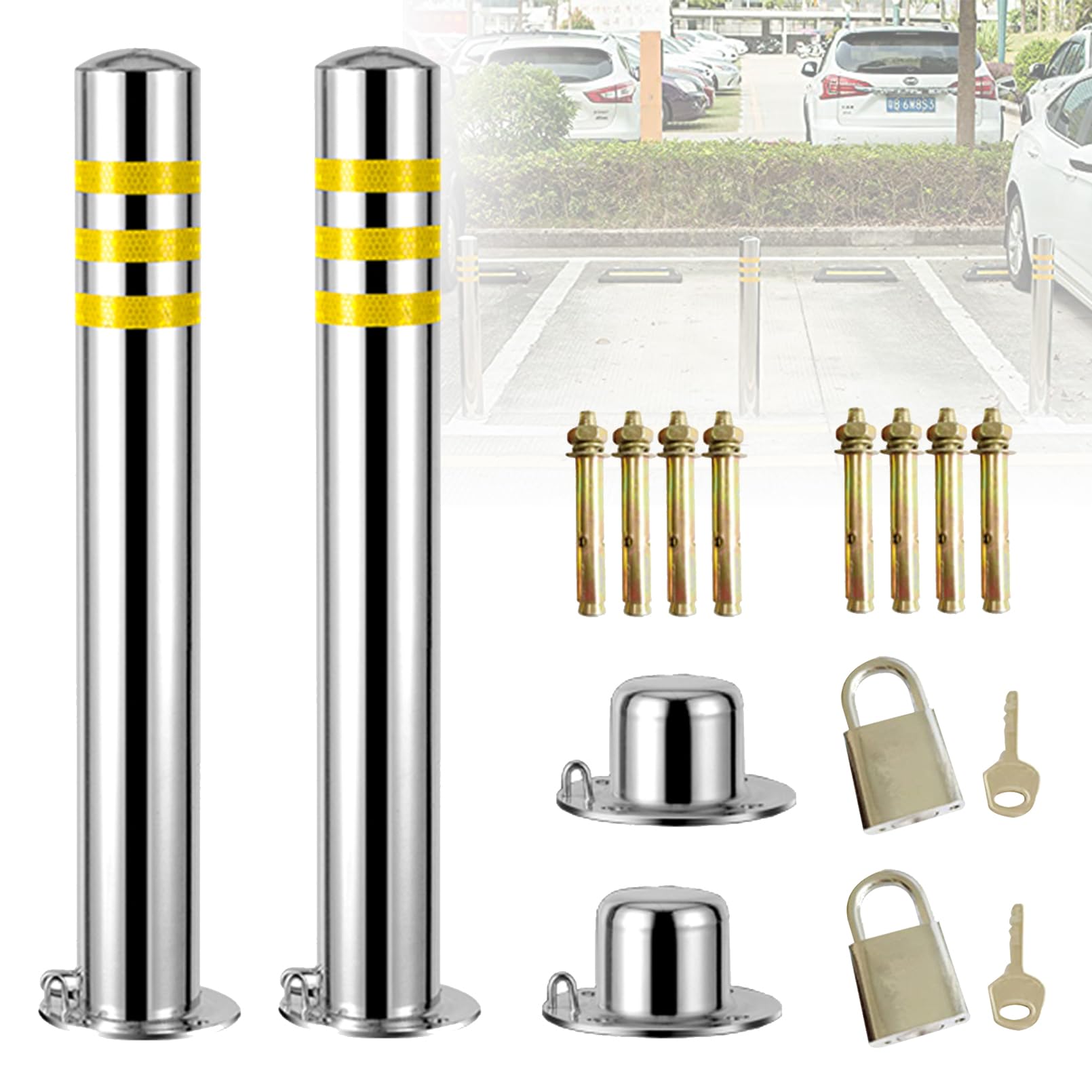 Poteau de stationnement anti-collision en acier robuste avec bandes réfléchissantes