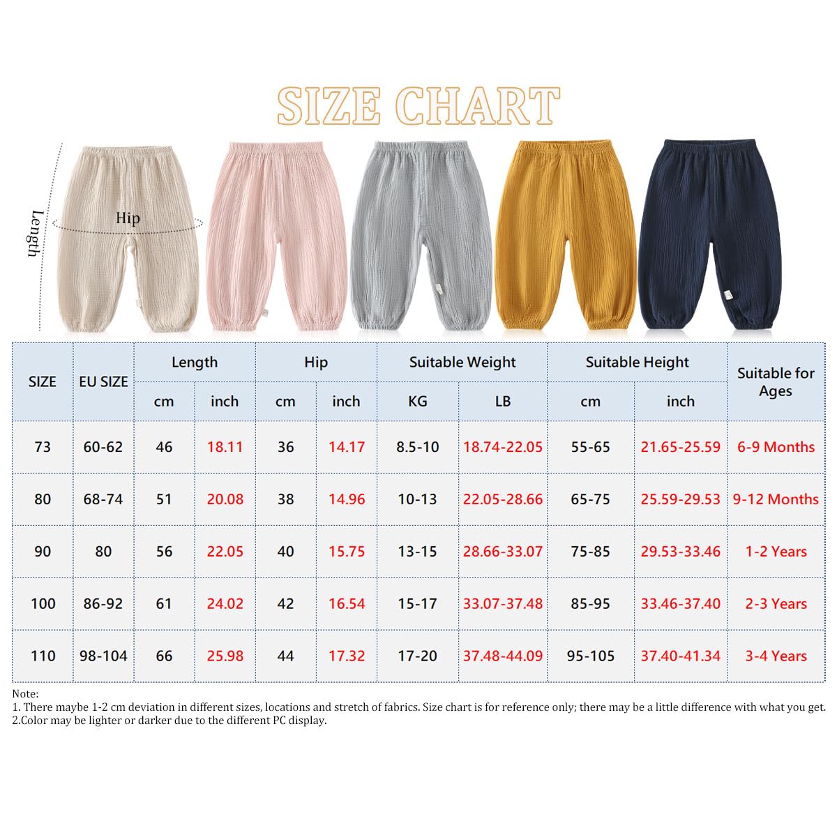 Lot de 2 Pantalon en Gaze Coton pour Bébé Fille Garçon Pantalons Bloomers Été Pantalon Bouffant à Couleur Unie Pantalons Long Décontracté Jogging pour Garçon Fille 6 Mois-4 Ans