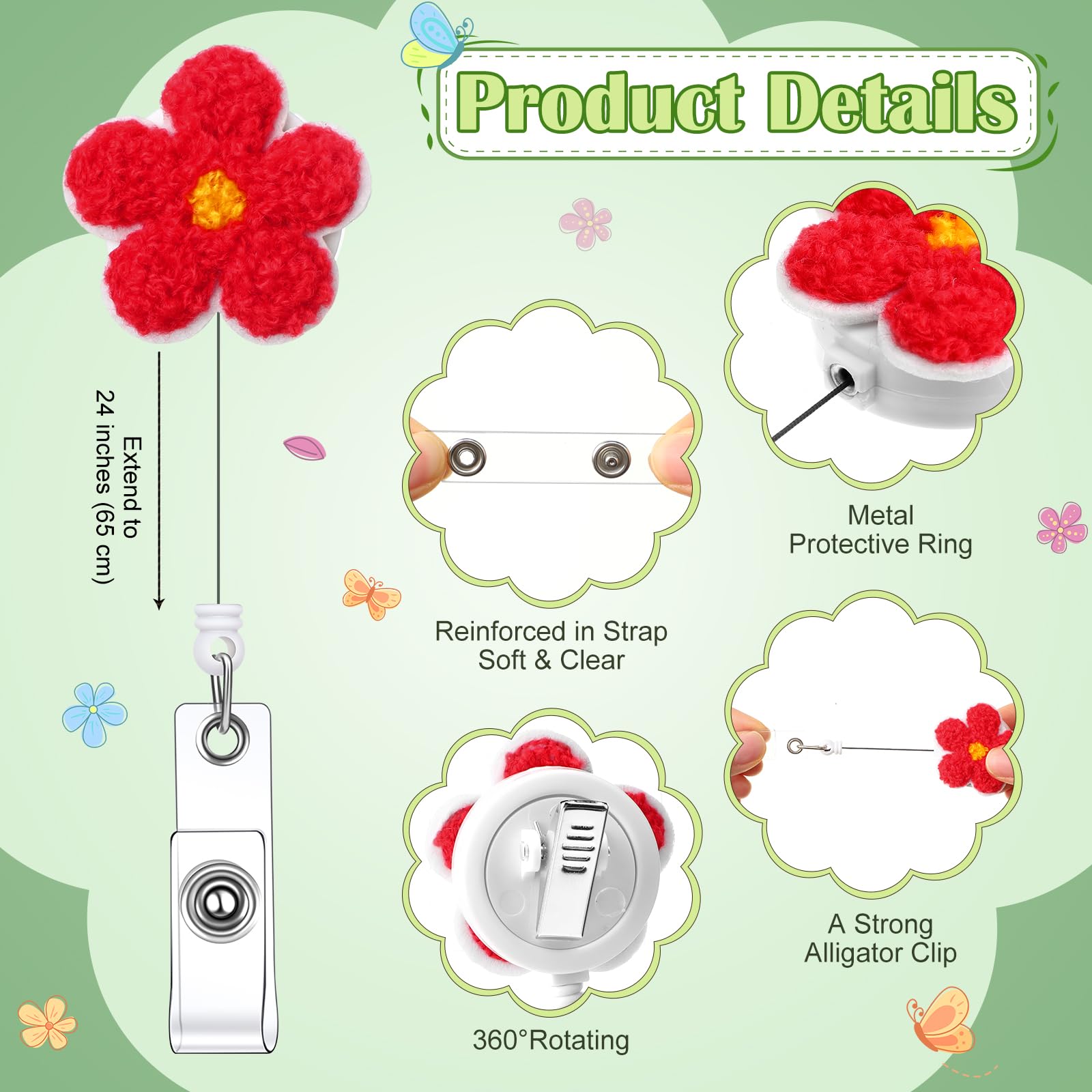 Wavwavw 24 carretes retráctiles de insignia de flores de primavera para enfermera, bonito soporte de insignia de fieltro con clip de cocodrilo, accesorios para enfermeras, profesores, estudiantes,
