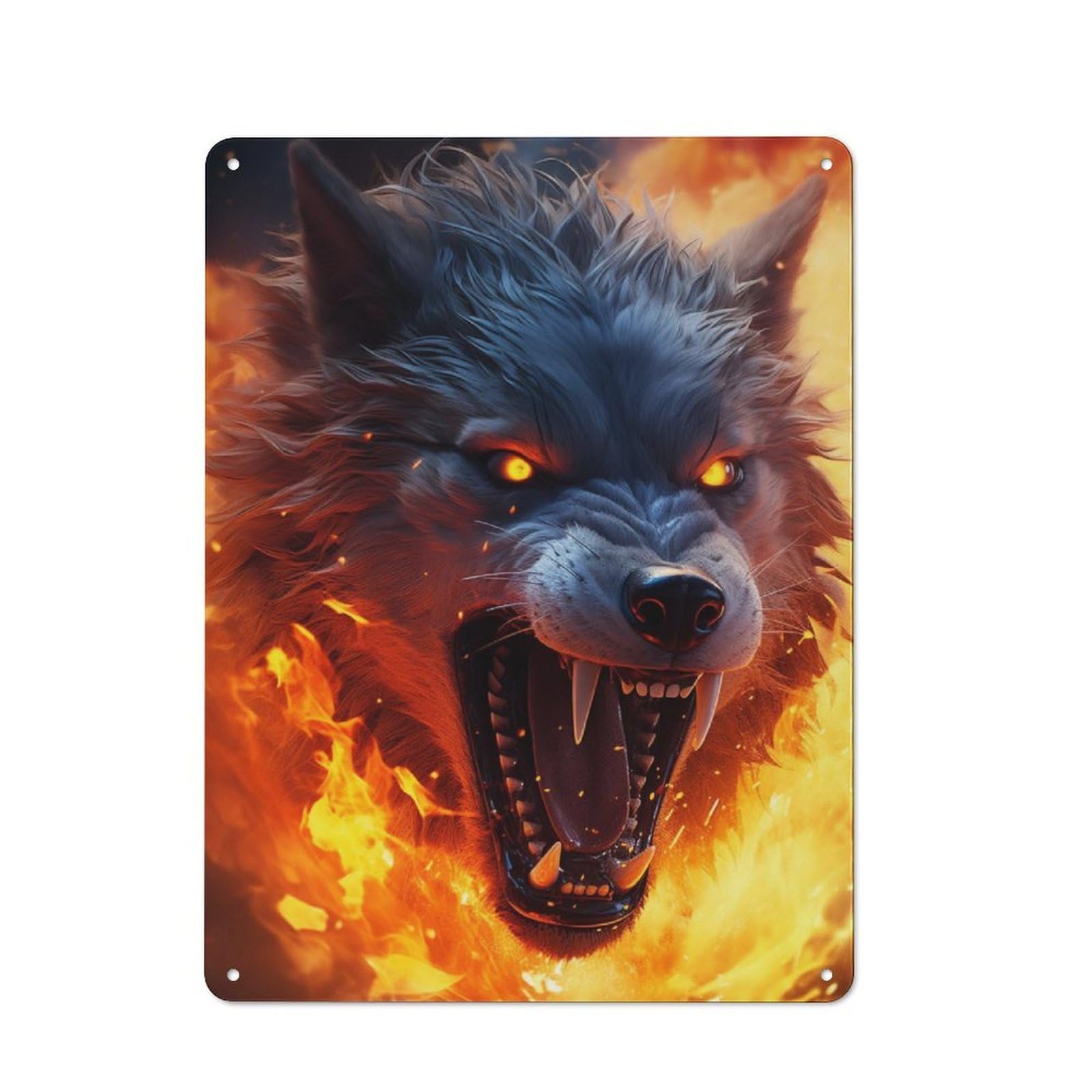 Cottage Style Furious Scary Wolf Fire Country Metal Sign 40x30cm, Farmhouse Wall Decor for Farmhouse Kitchen, Pantry Or Dining Area