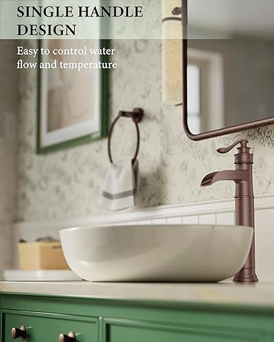 Miniatura 3 de Grifo de lavabo de cobre, grifos altos de baño, cascada, mango único, 1 agujero, antiguo, con drenaje desplegable y líneas de suministro, grifo