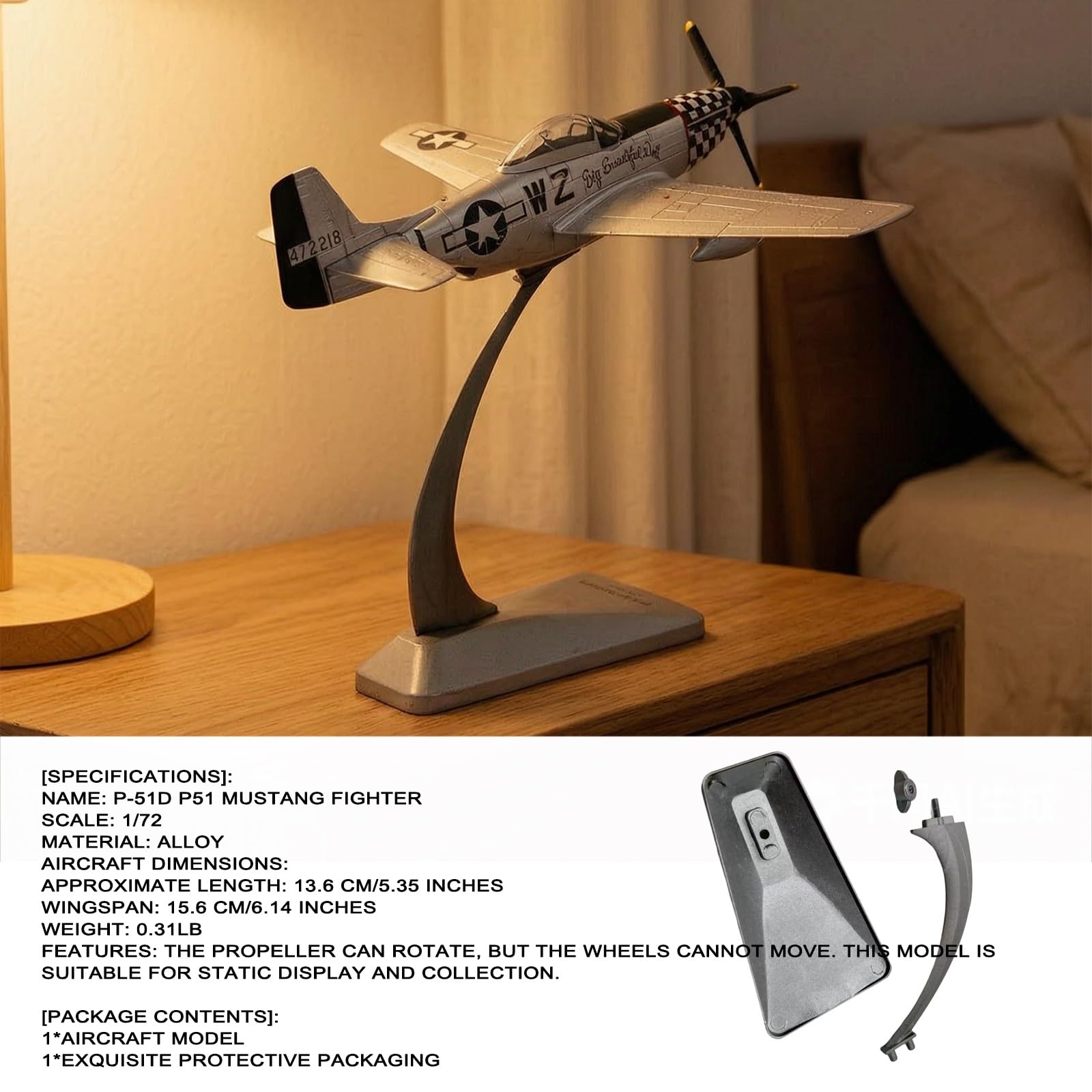 P-51D Fighter Aircraft Scale Model 1/72 Scale Metal Die-Cast Display w/Stand Collector-Grade Detailing for Adult Aviation Enthusiasts Military History Buffs Perfect Display Piece Home