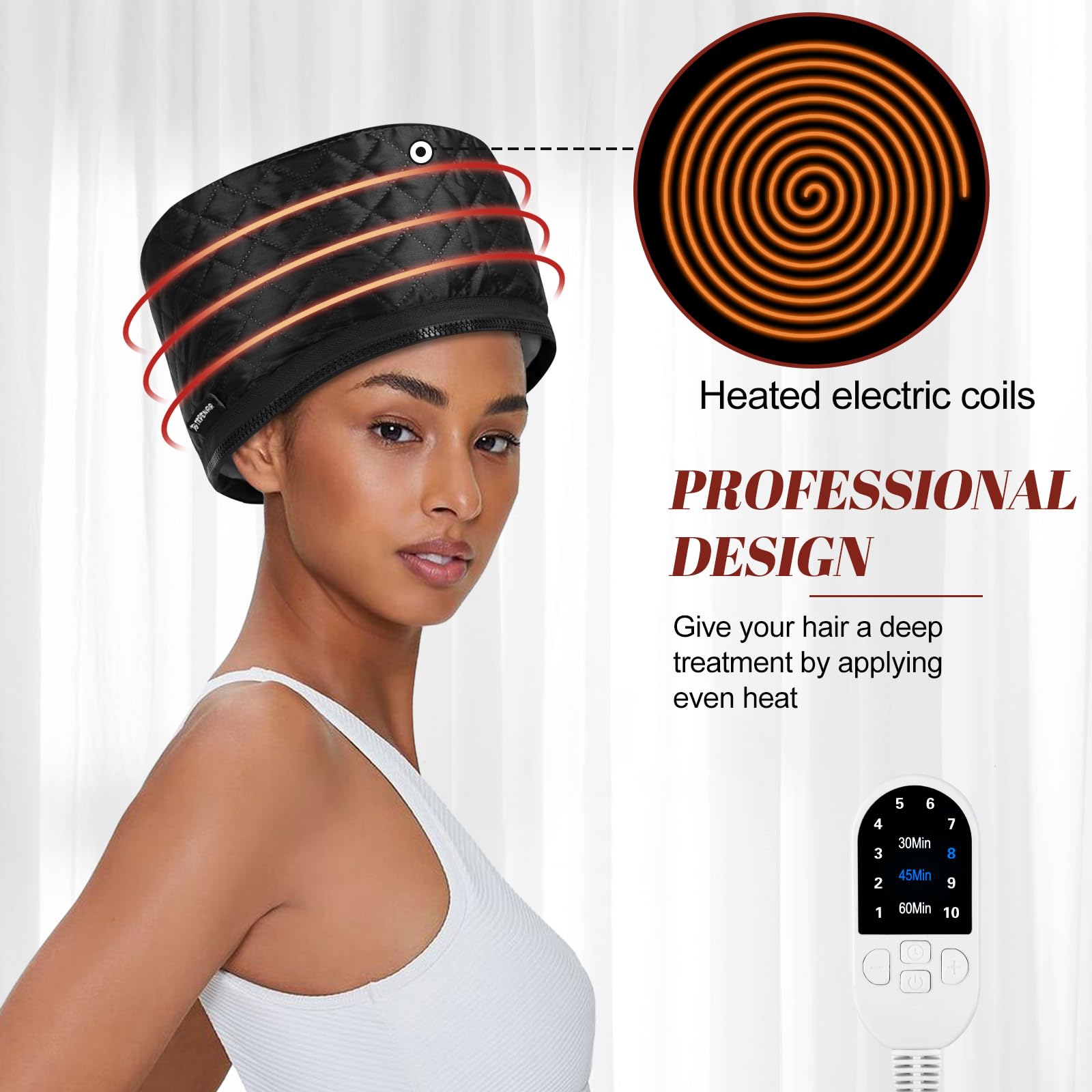 Vaporizador de cabello para acondicionamiento profundo: tapa térmica mejorada con calentamiento rápido de 10 niveles, 3 ajustes de tiempo para cabello natural, tapa de vapor térmica portátil 2