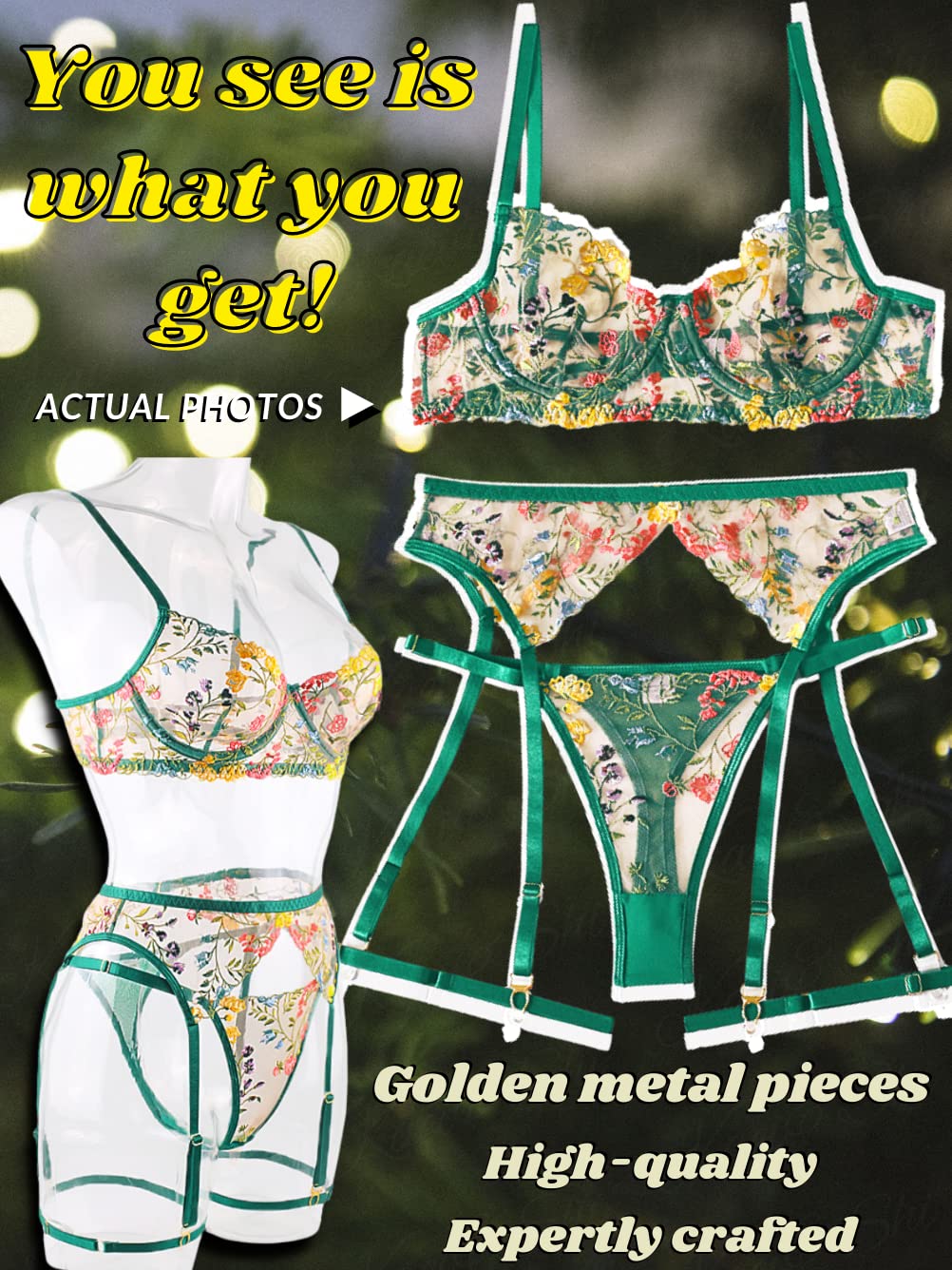 Kaei&Shi Vibrant Floral Embroidery, Underwire, Thong, Thigh Straps, Lingerie Set: 12 Green