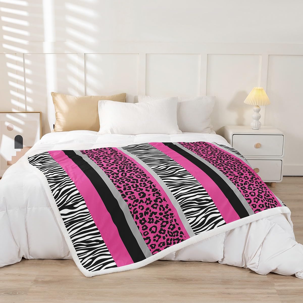 Zebra Leopard Sherpa Throw Blanket - Kids Girls Pink Black White - Ultra Soft Fur Plush - 50x60 Inch