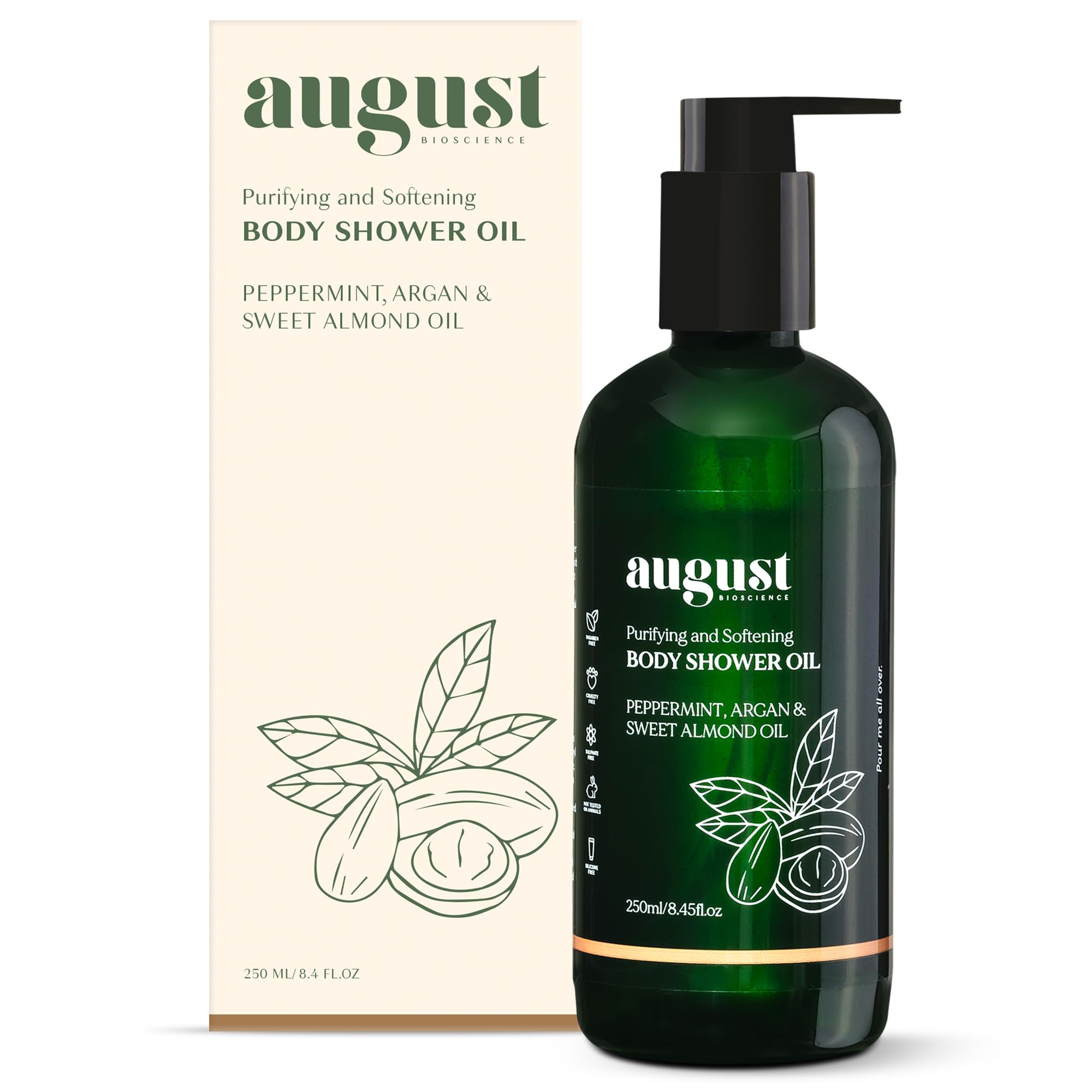 August BioscienceBody Shower Oil Purifying & Softening With Peppermint, Argan & Sweet almond oil | Shower Oil for Women and Men | No Parabens, No Silicones,250 ml