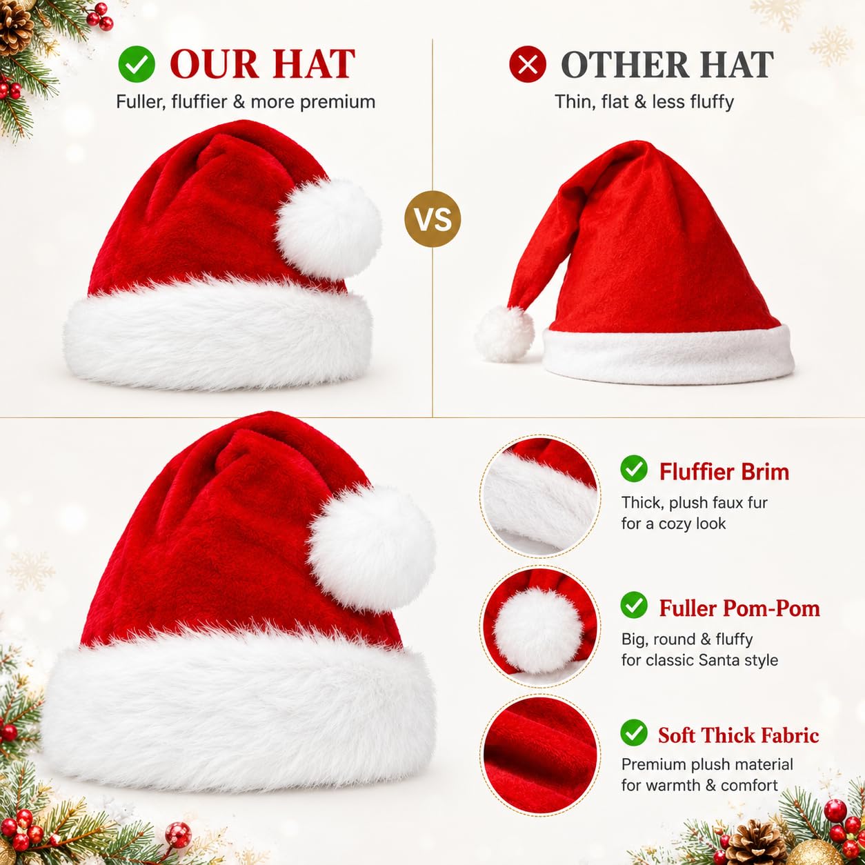 Paquete de 4 gorros de Papá Noel, gorro de Papá Noel de felpa para fiesta de Navidad, tamaño adulto