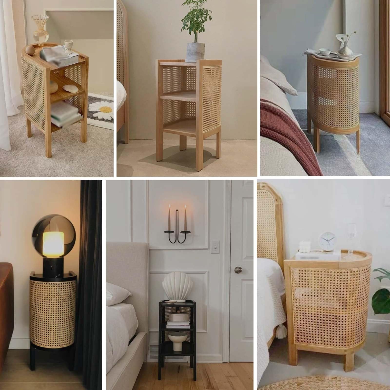 Comodino a 3 Ripiani in Rattan, Comodini Piccolo in Legno | Tavolino Stretti per Camera da Letto, Soggiorno, Ufficio e Studio
