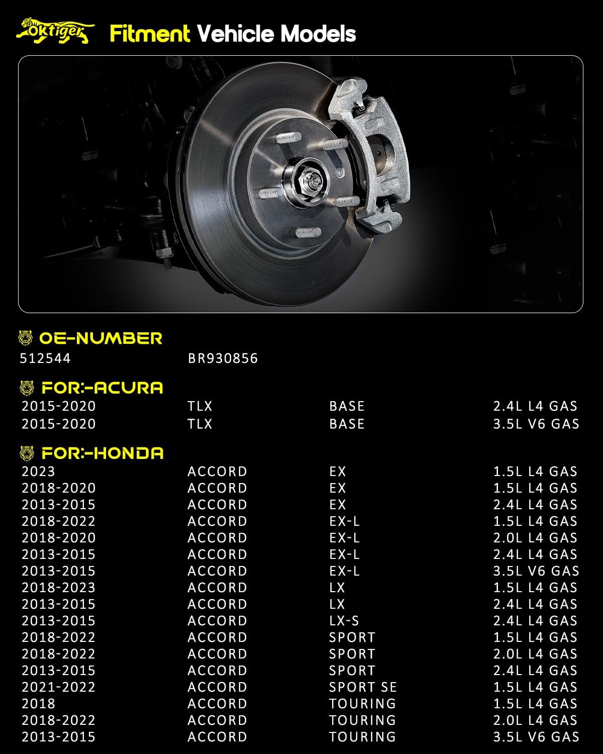 Oktiger 512544 Rear Wheel Bearing Hub Assembly with 5-Lug Fit for Honda Accord 2013-2023 Ex Ex-L Lx Lx-s Sport Se Touring, Fit for Acura TLX 2015-2020 Base(FWD Only), Set of 2